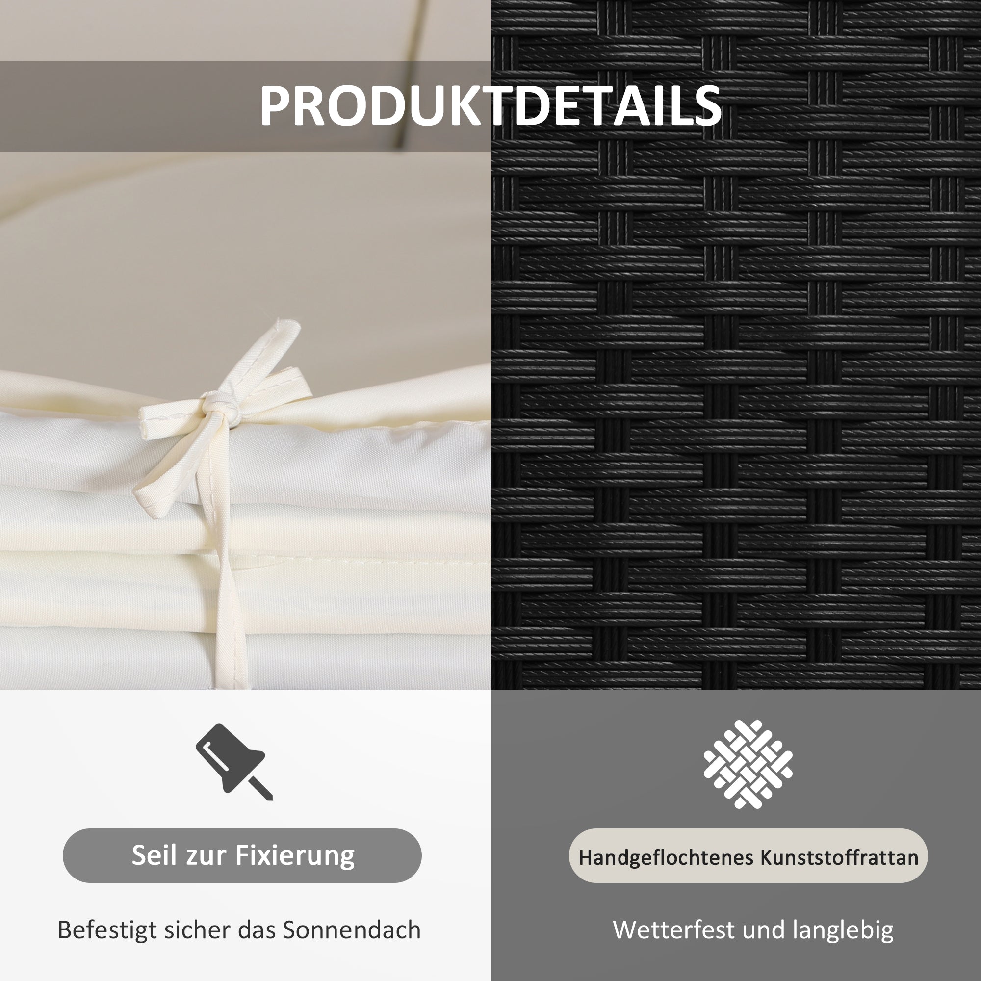 Rattan sun island, lounge group with sunroof, seating group, cushions and side table, metal, Cream, 180 x 175 x 147 cm