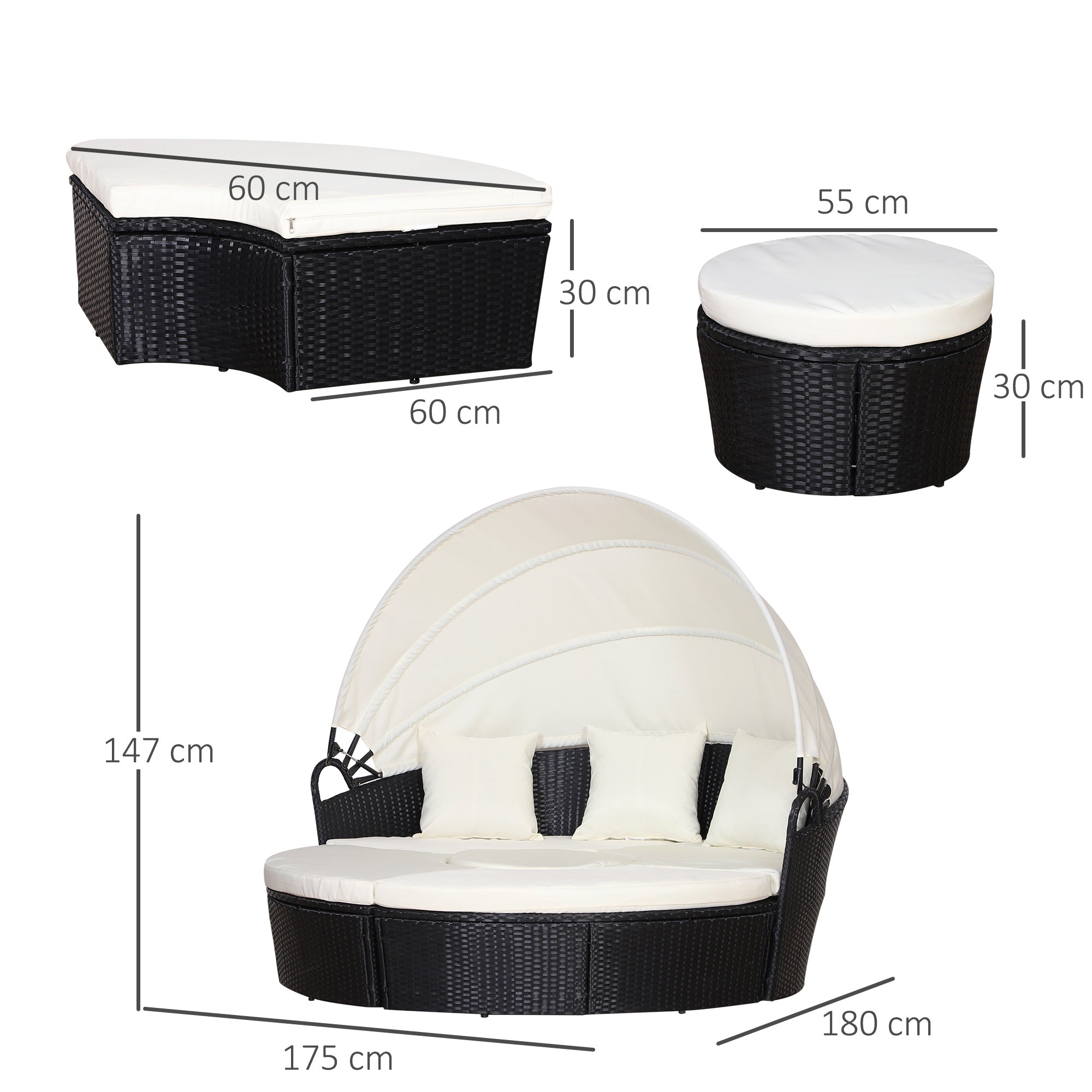 Rattan sun island, lounge group with sunroof, seating group, cushions and side table, metal, Cream, 180 x 175 x 147 cm