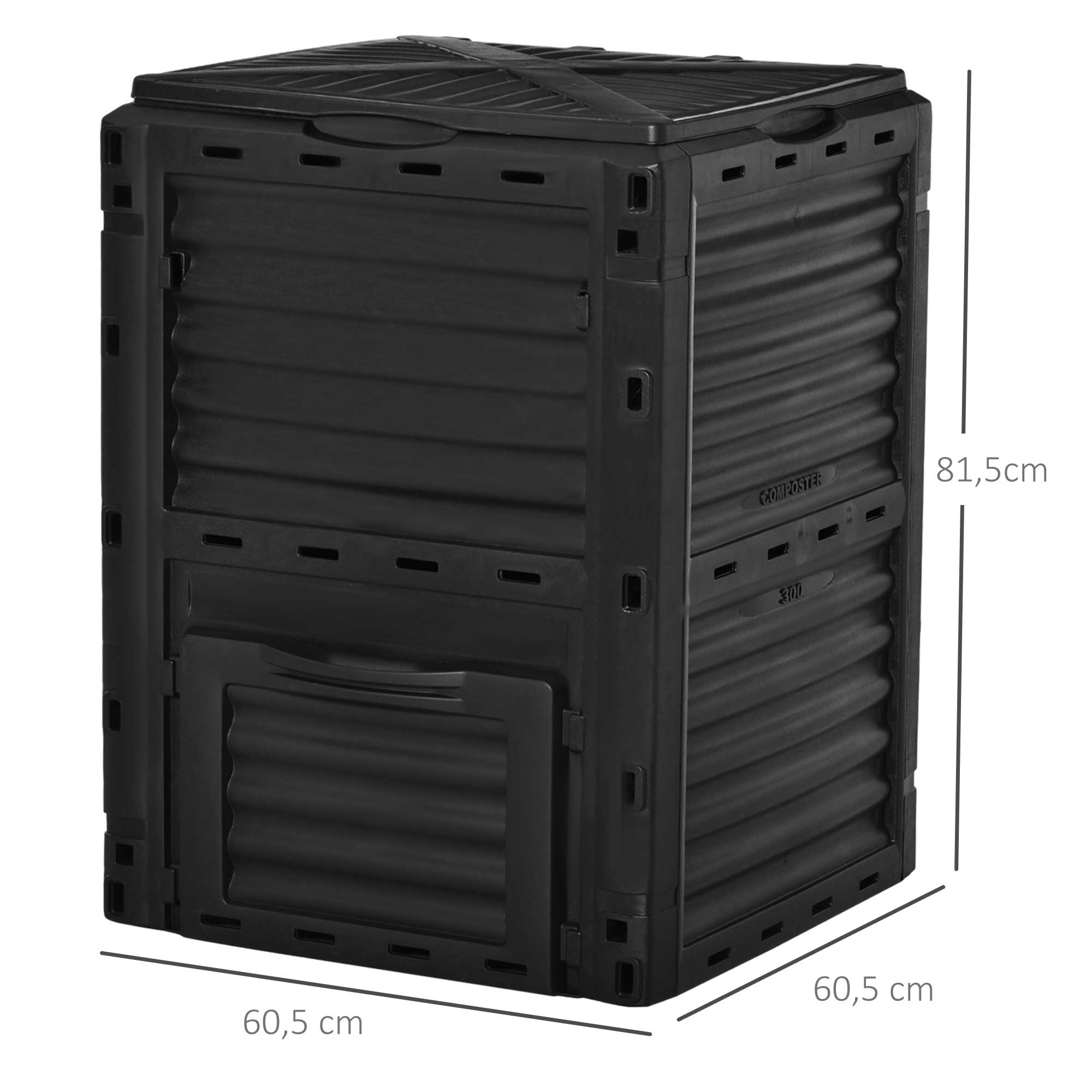 300L Capacity Organic Composter for Garden Fertilizer Production with 48 Vents 60.5x60.5x81.5 cm Black