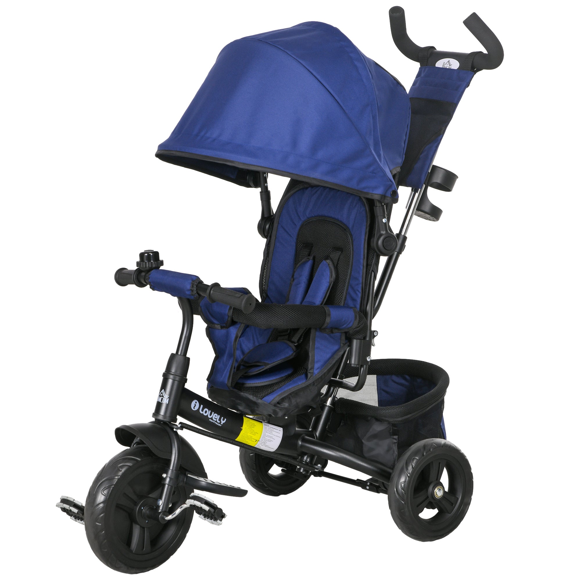 6-in-1 Tricycle with Push Handle, Kids Tricycle with Removable Sun Canopy, Cushion, Balance Bike with 5-Point Safety Harness, Basket, Cup Holder, for 1-5 Years Kids, Dark Blue