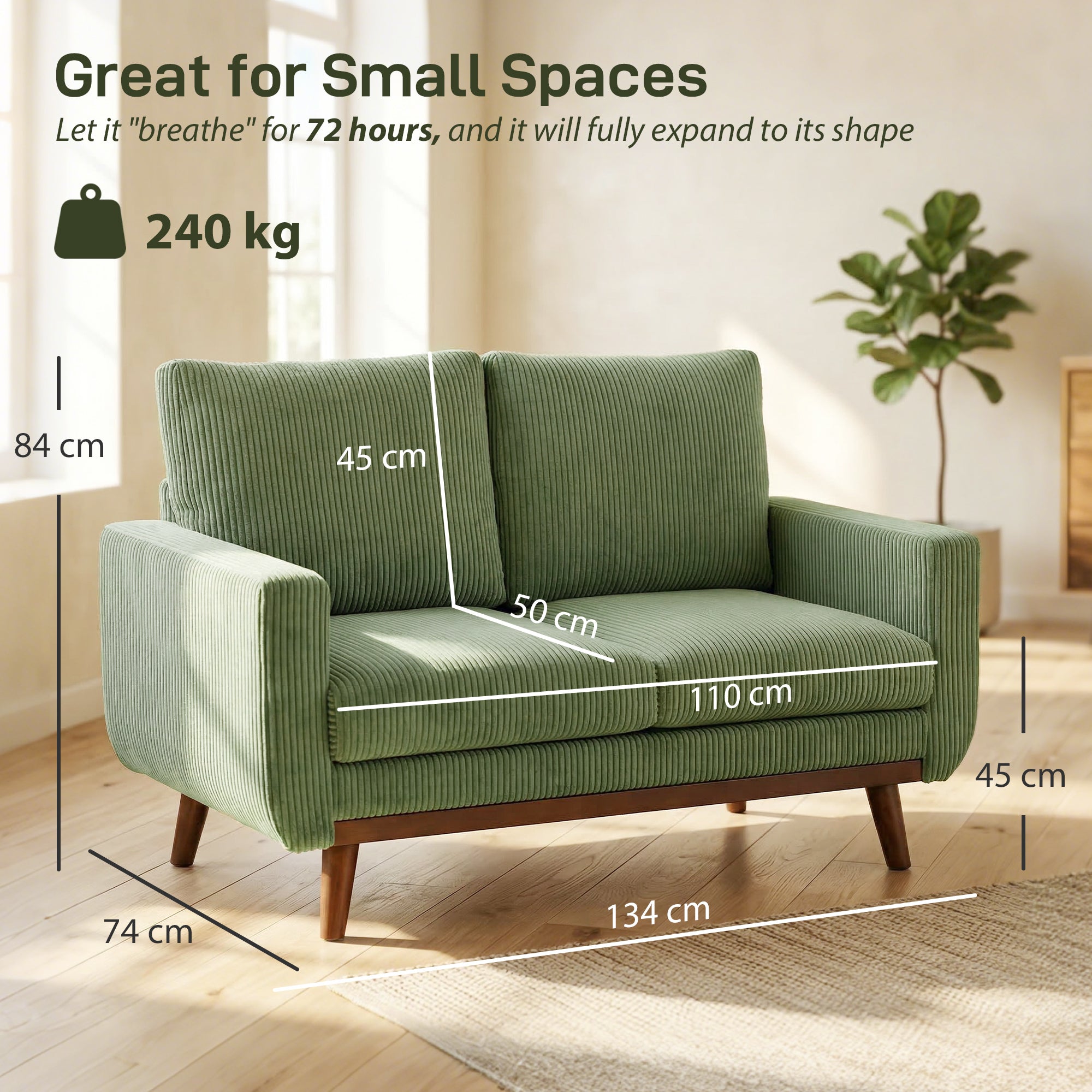 2-Seater Cord Sofa 134 cm (53") – Plush Backrest, Wood-Slat Accent, Comfortable Modern Upholstered Couch for Small Spaces, Living Room, Bedroom, Easy Assembly, Green