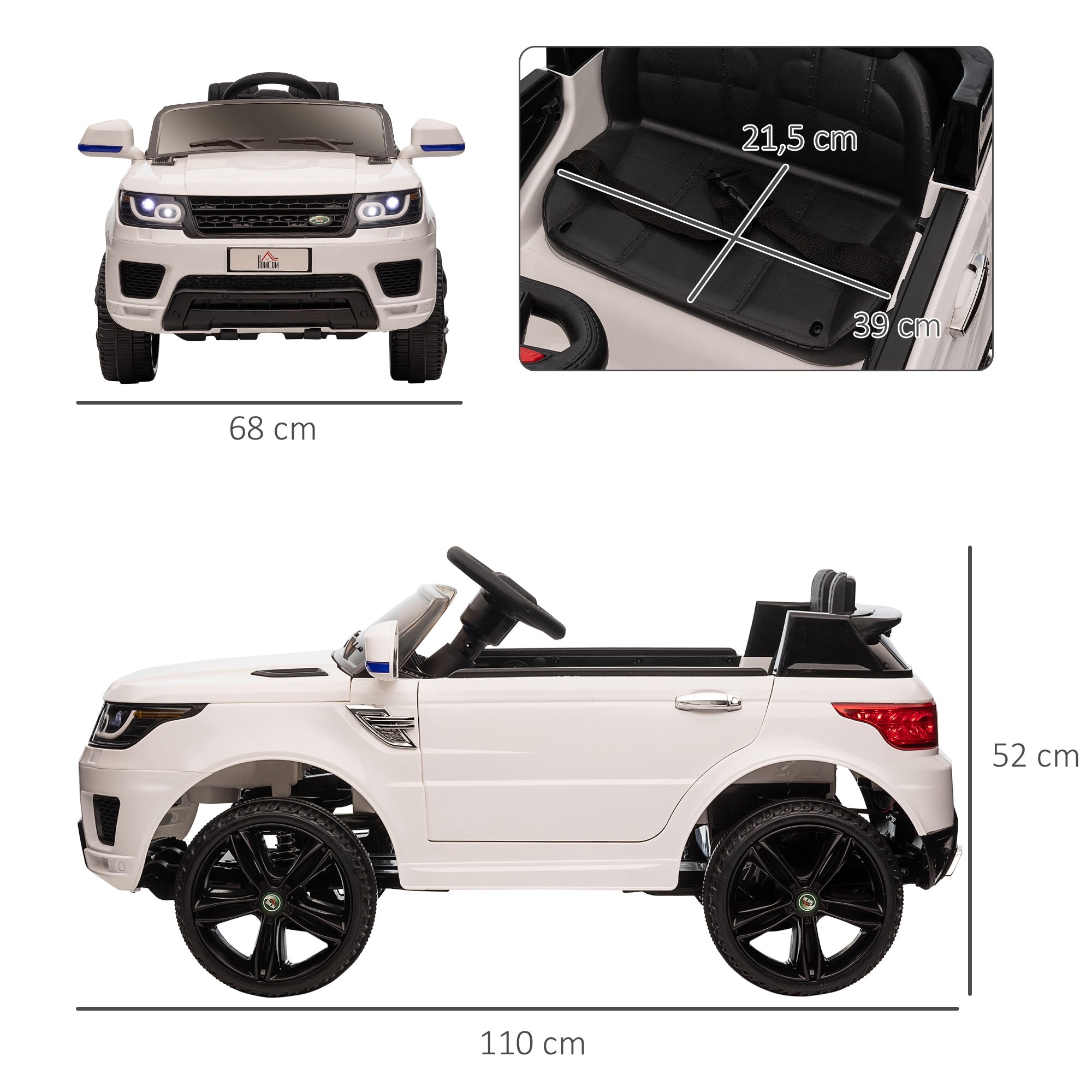 SUV Electric Car for Kids 3-6 Years Battery-Powered Car 12V with 2 Motors Remote Control Headlights Horn Music USB and Door Opening 3-5 km/h 110x68x52 cm White