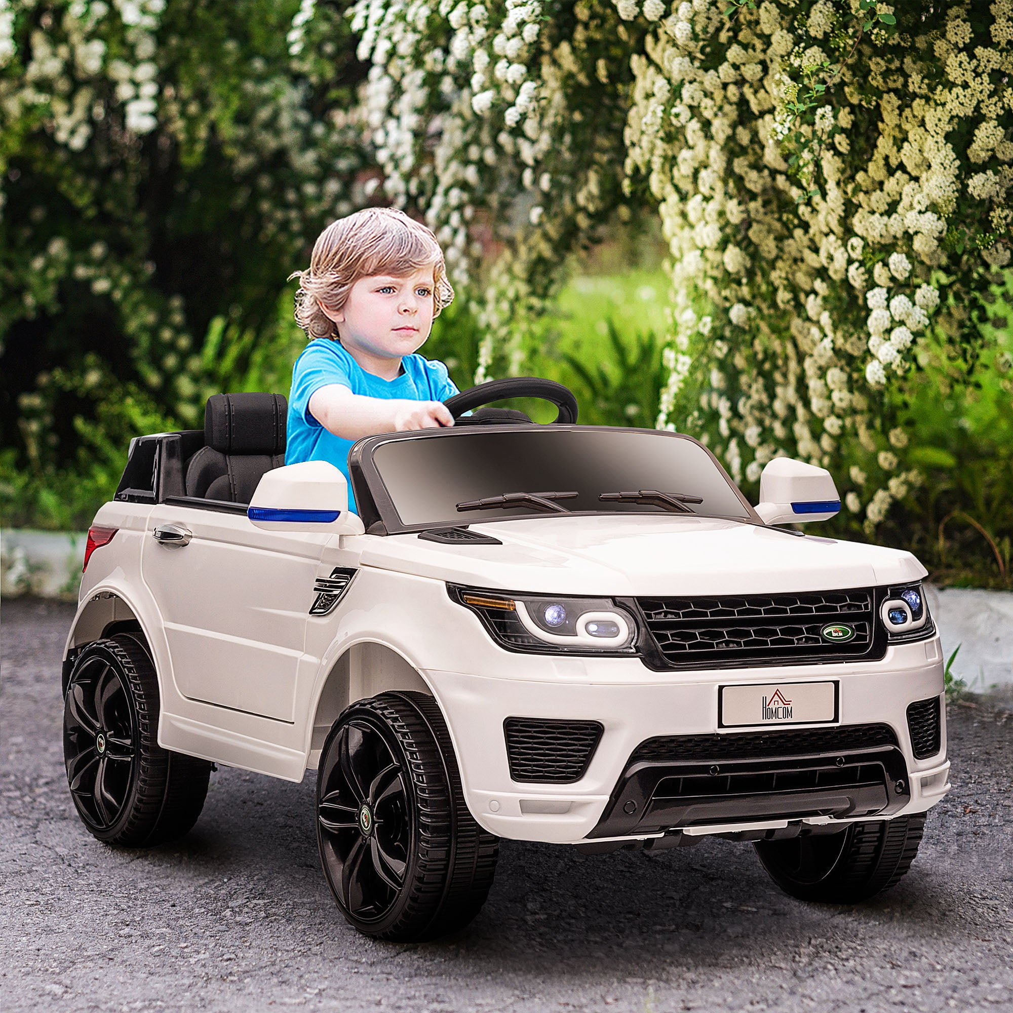 SUV Electric Car for Kids 3-6 Years Battery-Powered Car 12V with 2 Motors Remote Control Headlights Horn Music USB and Door Opening 3-5 km/h 110x68x52 cm White