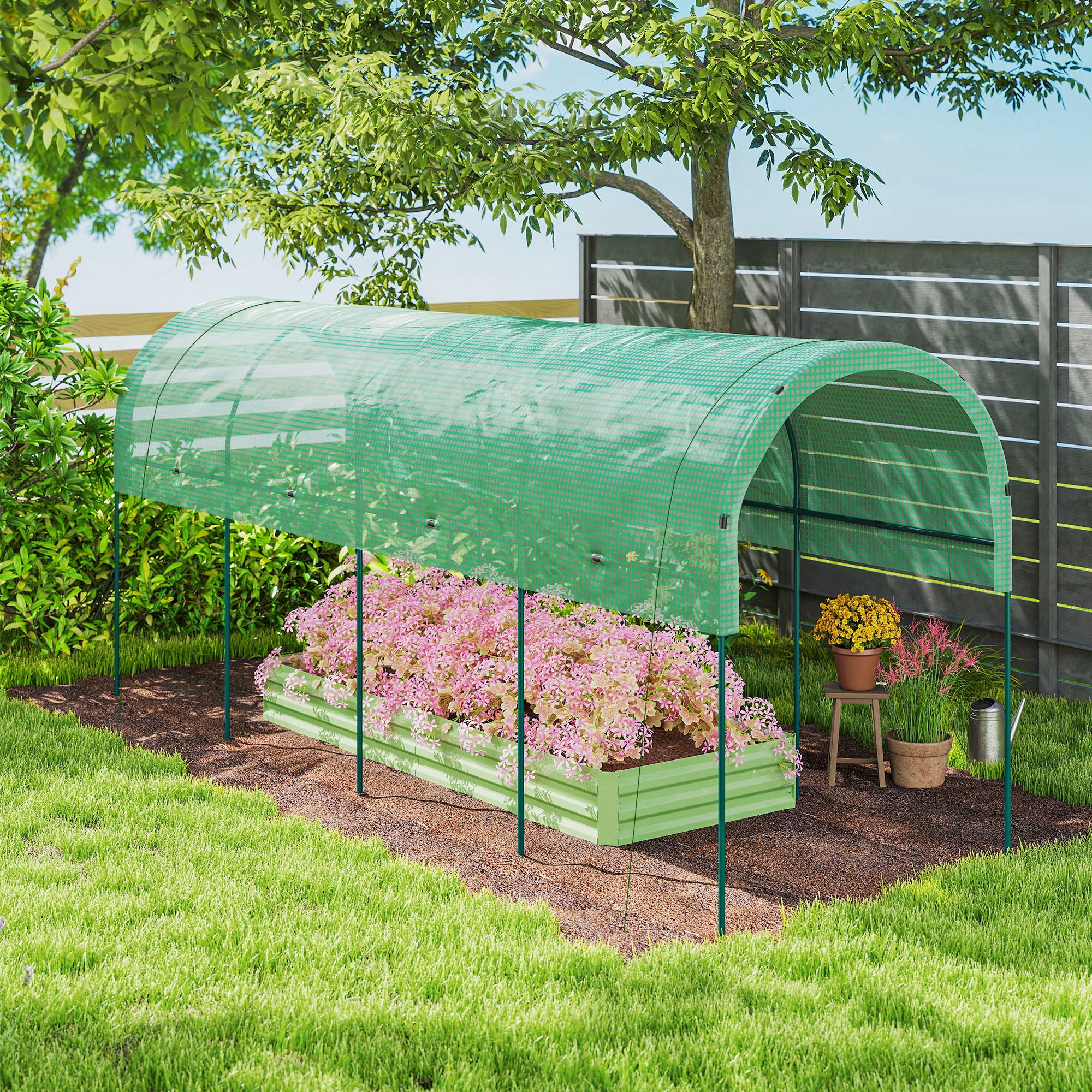 Winter Film Greenhouse with Arched Roof — Steel Frame & Ground Anchors, Slot-Together Open Tunnel, 400 x 120 x 170 cm (13.1 x 3.9 x 5.6 ft), Green