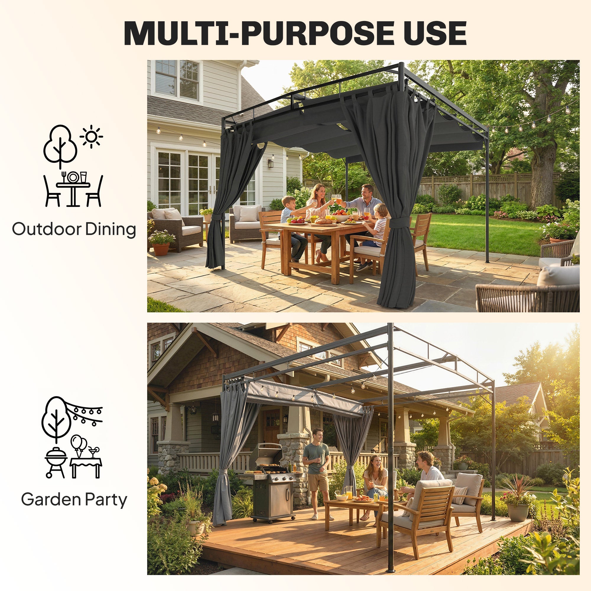 Pergola Gazebo 3 x 3 m (10 x 10 ft) — Water-Resistant Retractable Canopy with Curtains, Freestanding Garden Pavilion, Stable Patio Cover, Dark Gray