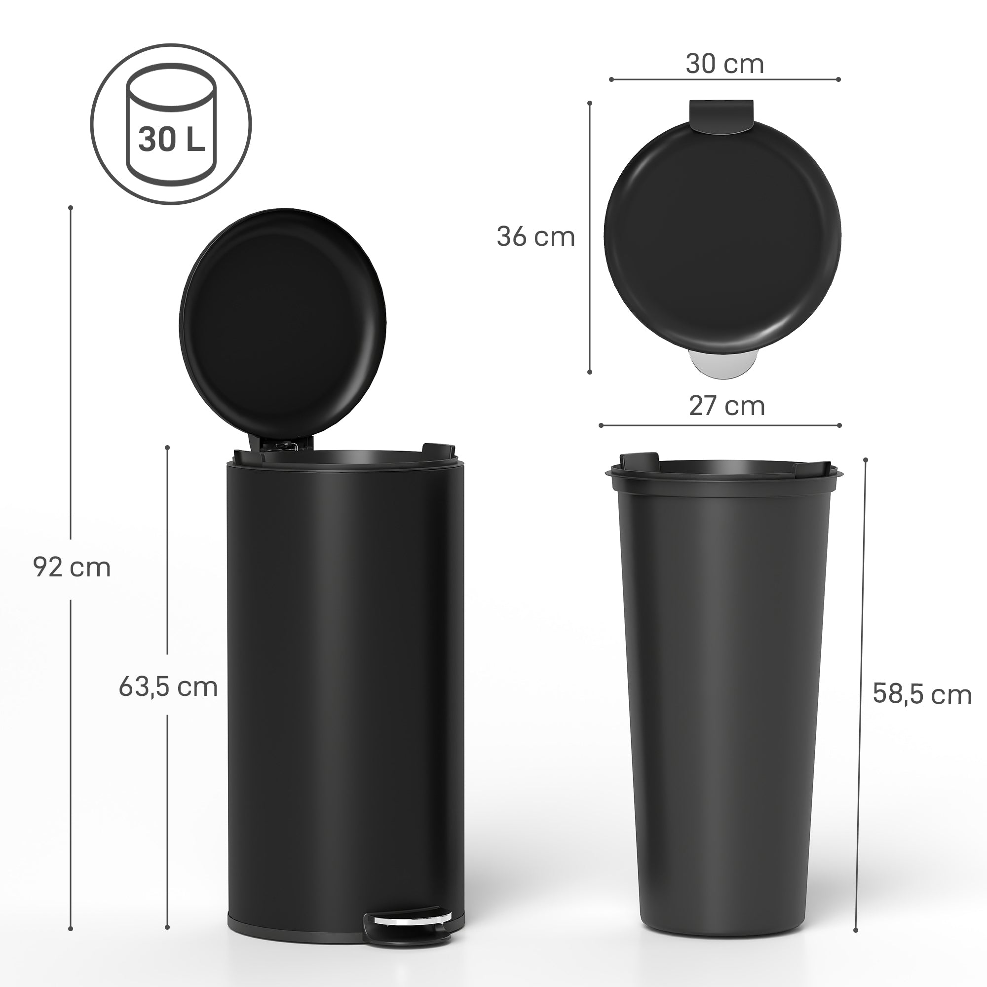 30 L Step Trash Can with Lid and Foot Pedal, Removable Inner Bin, Soft-Close for Living Room, Office — Black, 36 x 30 x 63.5 cm (14.2 x 11.8 x 25.0 in)