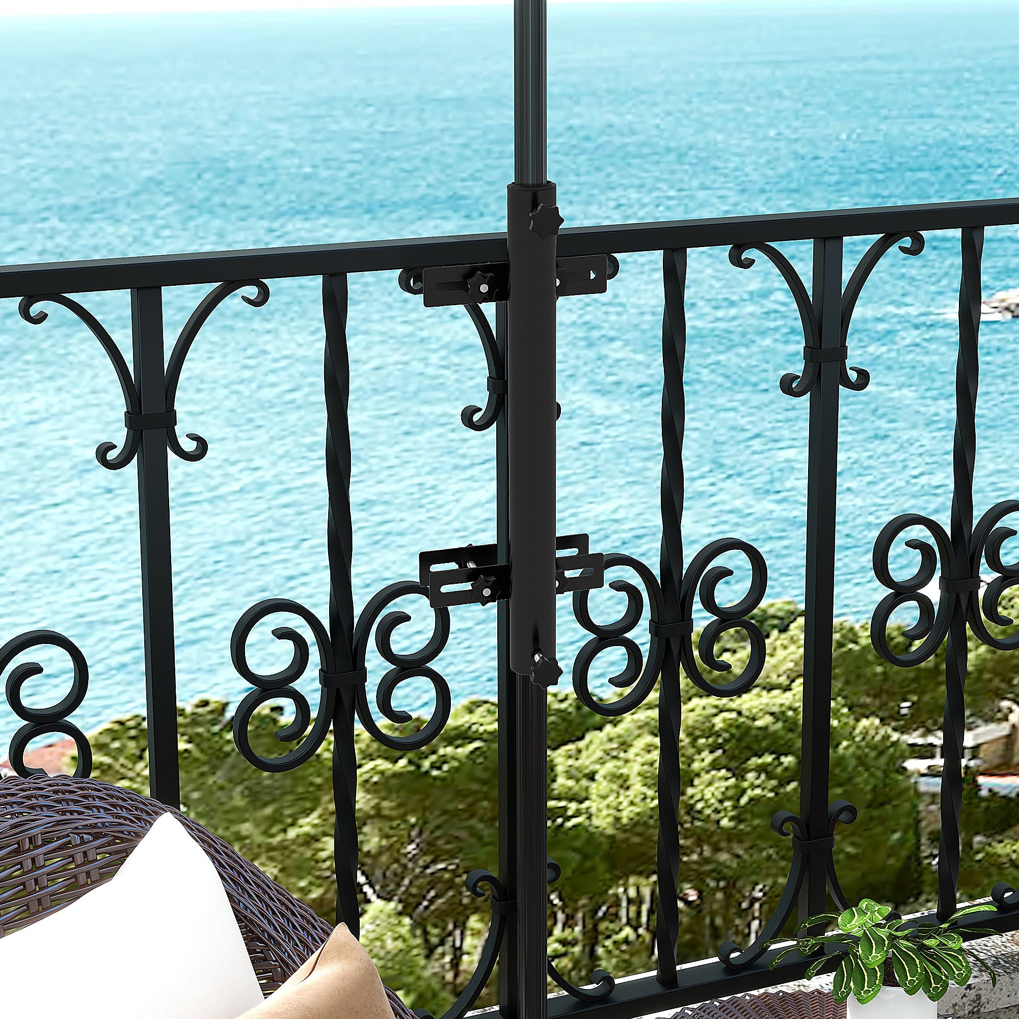 Balcony Parasol Stand with Adjustable Clamps Railing Support for 48mm and 38mm Poles, 21L x 14W x 58Hcm, Black Metal