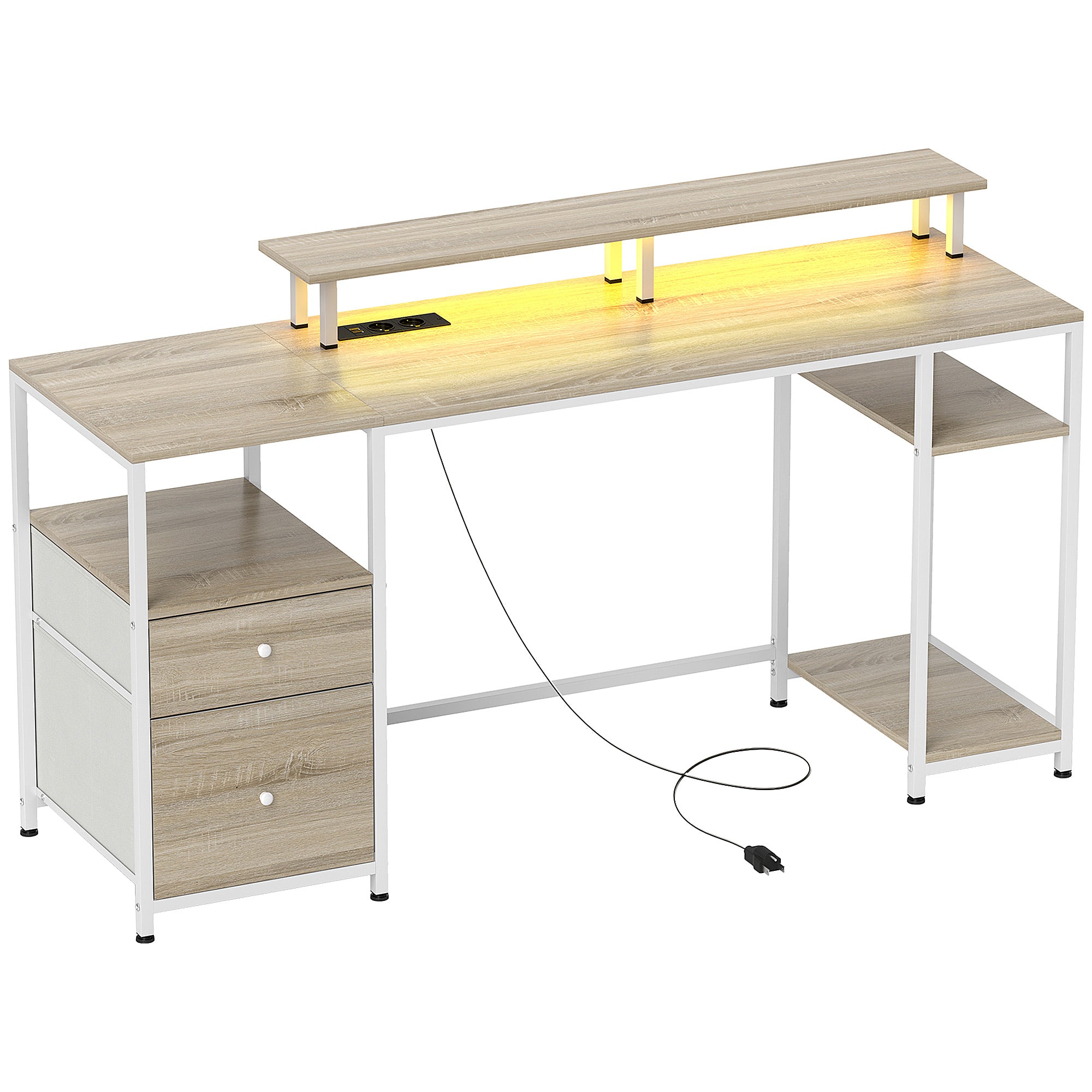 Writing Desk Computer Desk with LED Lights Shelves Drawers Power Outlets USB Ports and Monitor Stand for Office Study 155.5x48x75.5 cm Natural