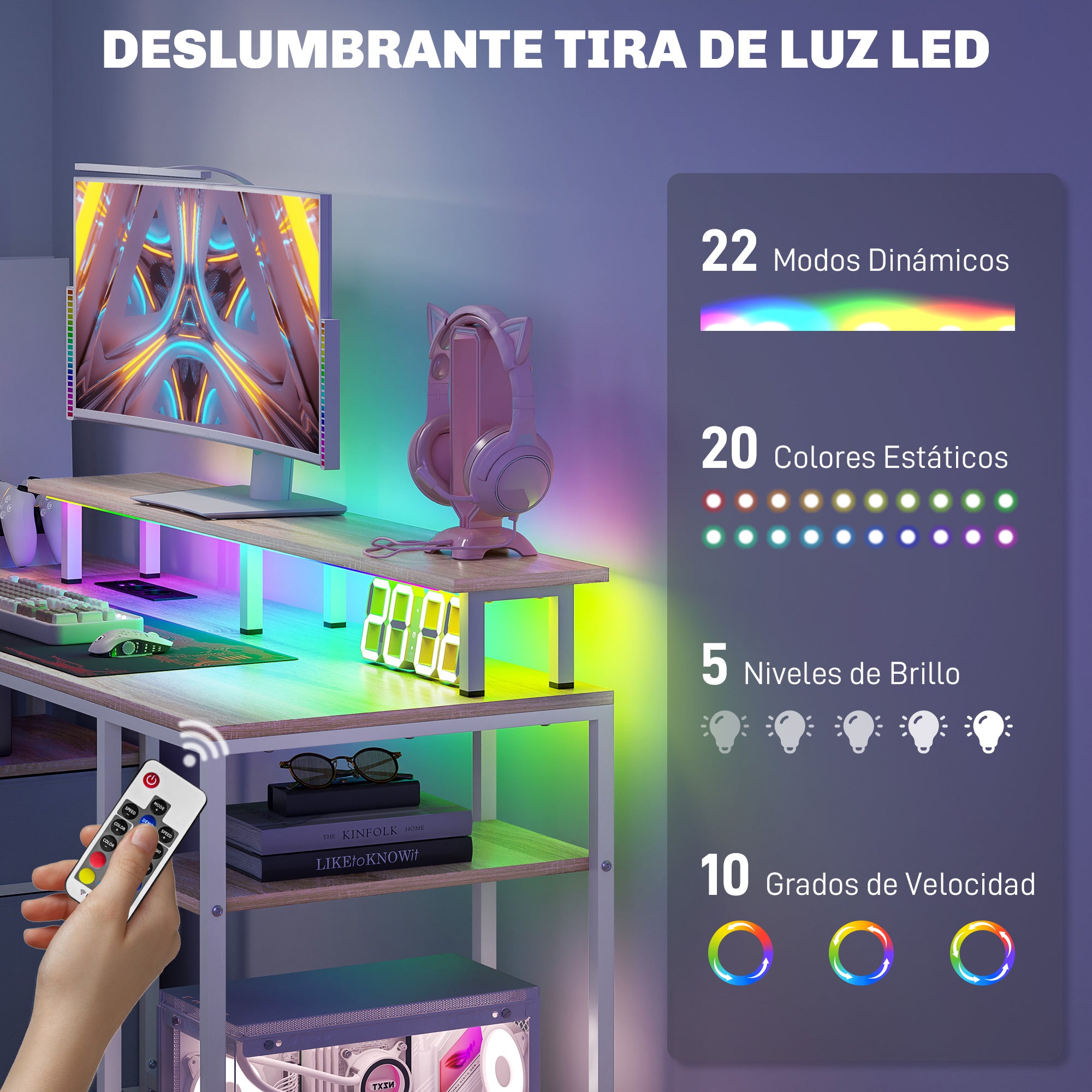 Writing Desk Computer Desk with LED Lights Shelves Drawers Power Outlets USB Ports and Monitor Stand for Office Study 155.5x48x75.5 cm Natural