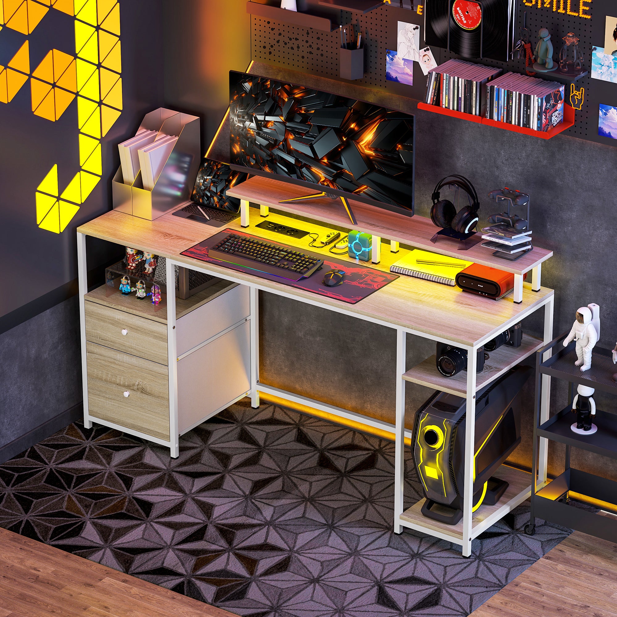 Writing Desk Computer Desk with LED Lights Shelves Drawers Power Outlets USB Ports and Monitor Stand for Office Study 155.5x48x75.5 cm Natural