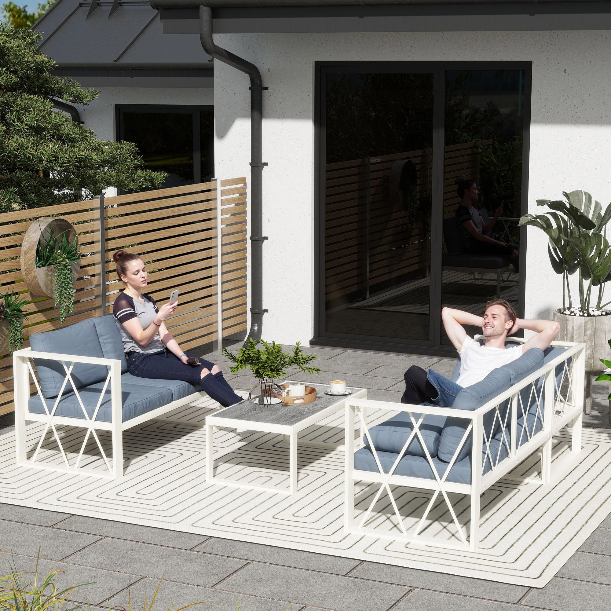 4-Piece Outdoor Garden Furniture Set Sectional L-Shape Sofa with 2 Two-Seater Sofas Adjustable Corner Sofa and Center Table with Beige and Gray Cushions
