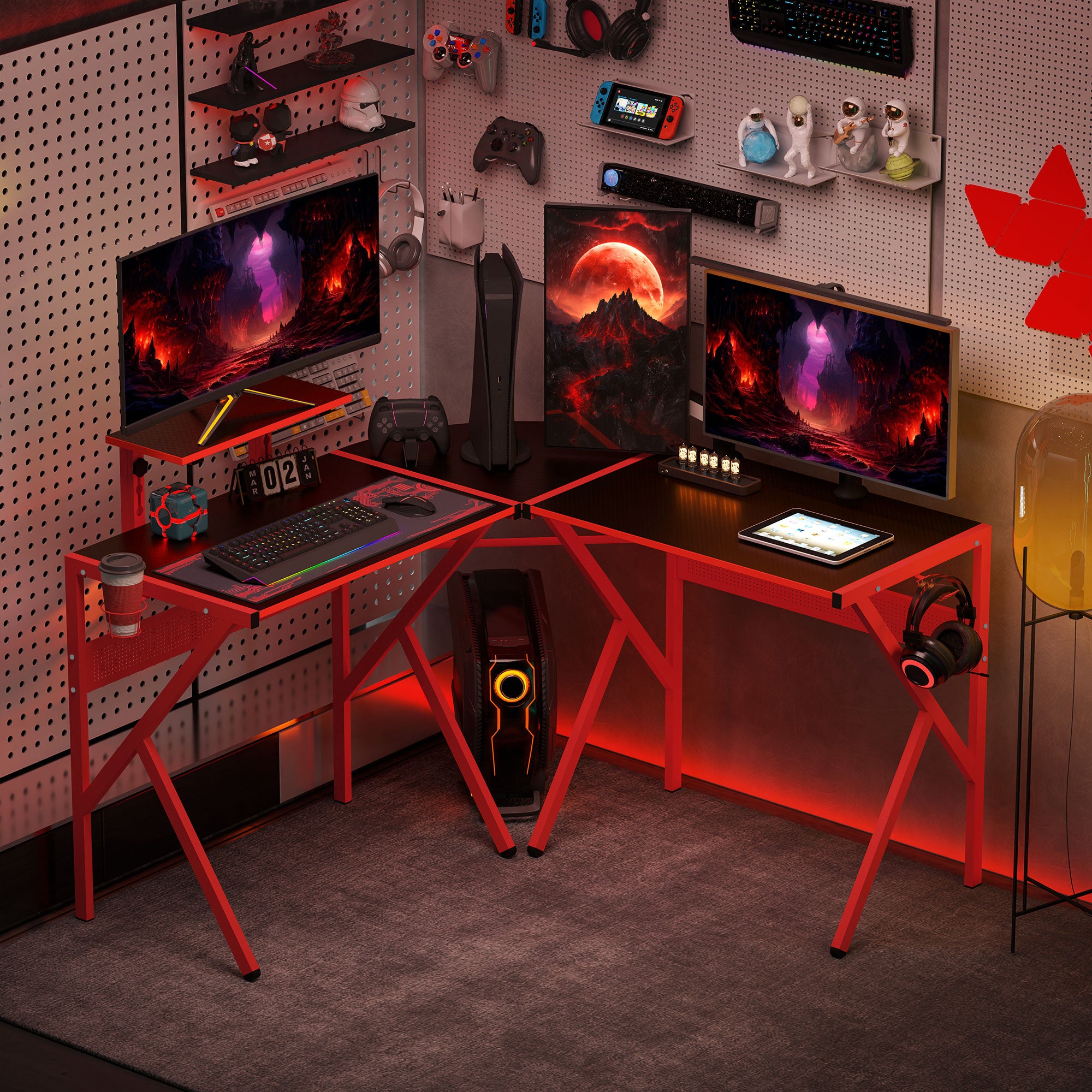 Gaming Desk Corner Gamer Desk 125 x 125 cm L-Shaped Desk with Carbon Fiber Desktop, Screen Stand Cup Holder and Headphone Hook, Red