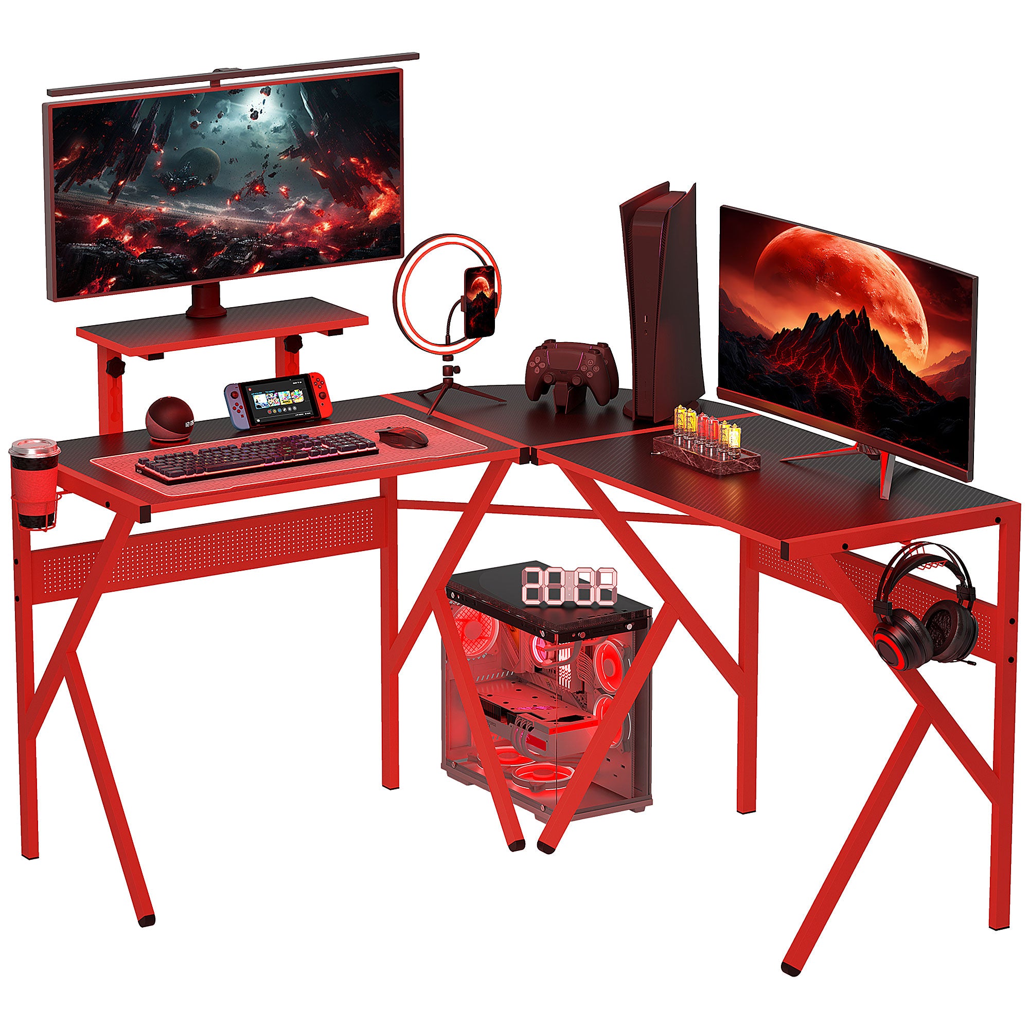 Gaming Desk Corner Gamer Desk 125 x 125 cm L-Shaped Desk with Carbon Fiber Desktop, Screen Stand Cup Holder and Headphone Hook, Red