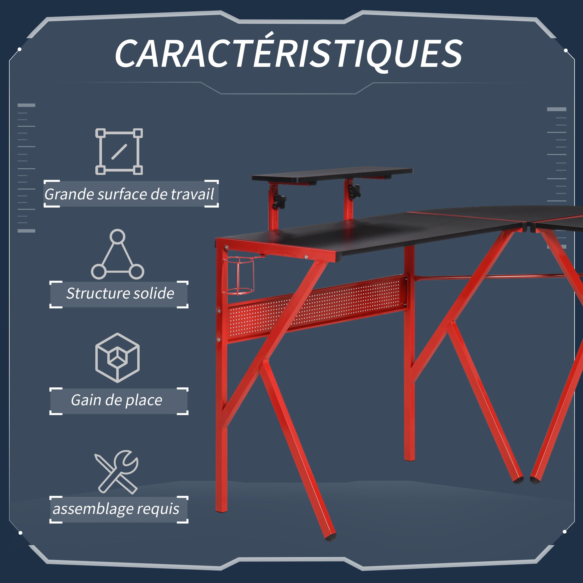 Gaming Desk Corner Gamer Desk 125 x 125 cm L-Shaped Desk with Carbon Fiber Desktop, Screen Stand Cup Holder and Headphone Hook, Red