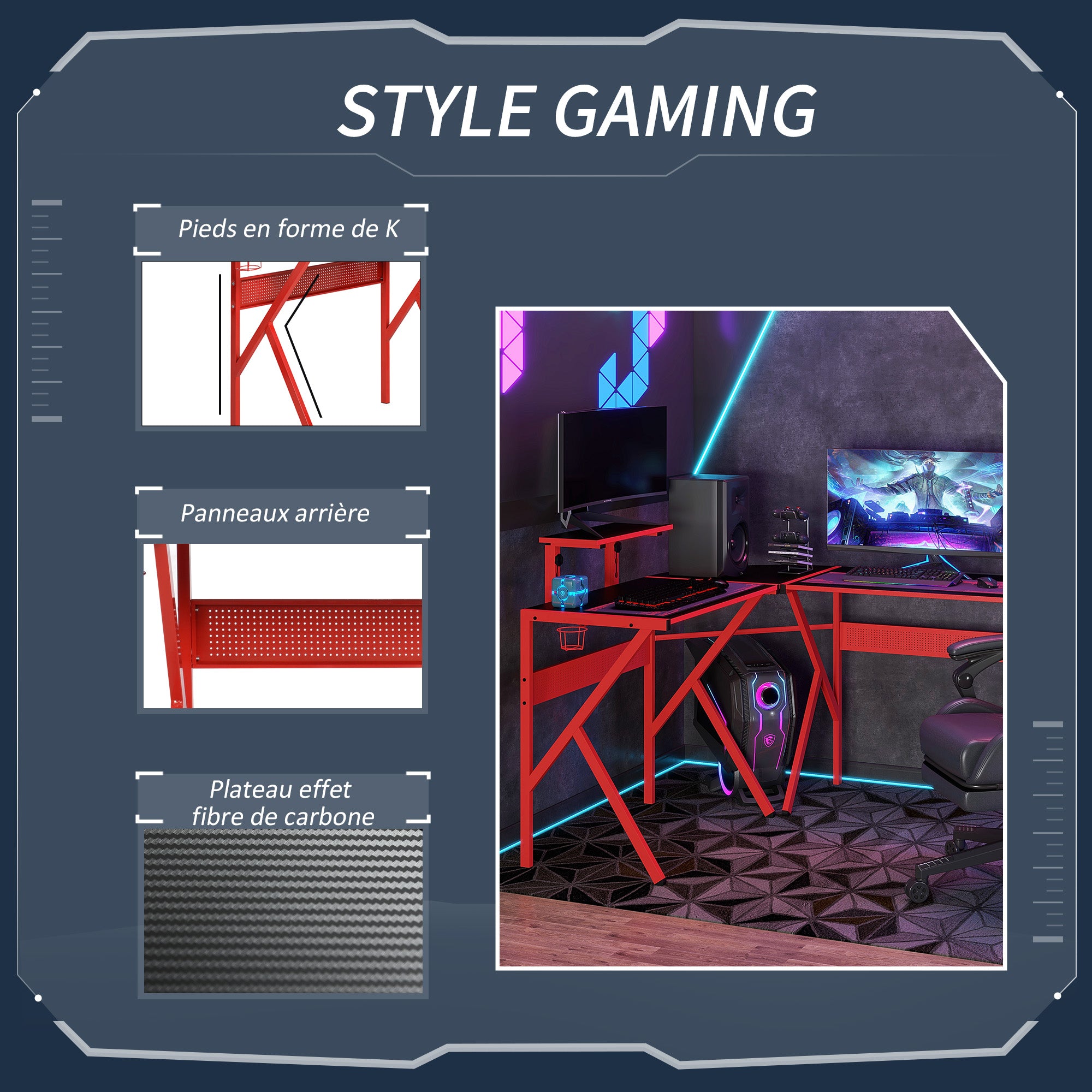 Gaming Desk Corner Gamer Desk 125 x 125 cm L-Shaped Desk with Carbon Fiber Desktop, Screen Stand Cup Holder and Headphone Hook, Red