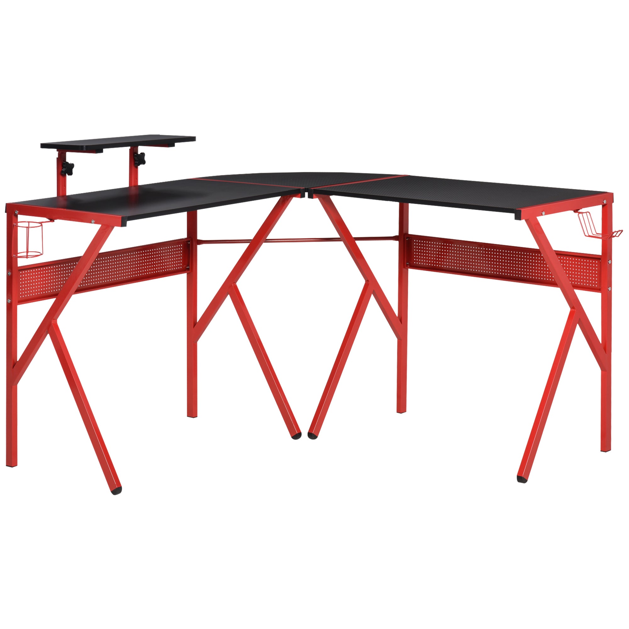 Gaming Desk Corner Gamer Desk 125 x 125 cm L-Shaped Desk with Carbon Fiber Desktop, Screen Stand Cup Holder and Headphone Hook, Red