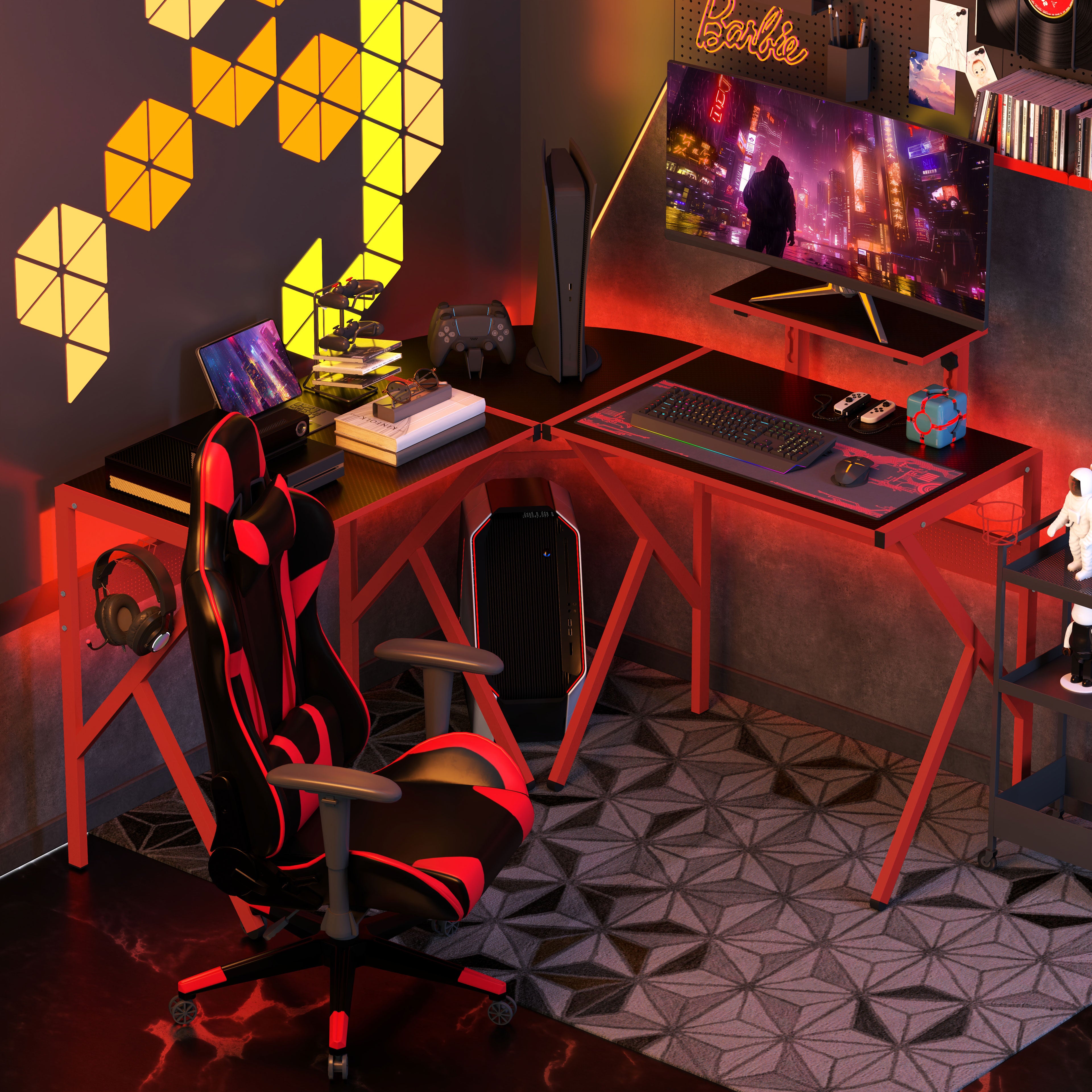 Gaming Desk Corner Gamer Desk 125 x 125 cm L-Shaped Desk with Carbon Fiber Desktop, Screen Stand Cup Holder and Headphone Hook, Red