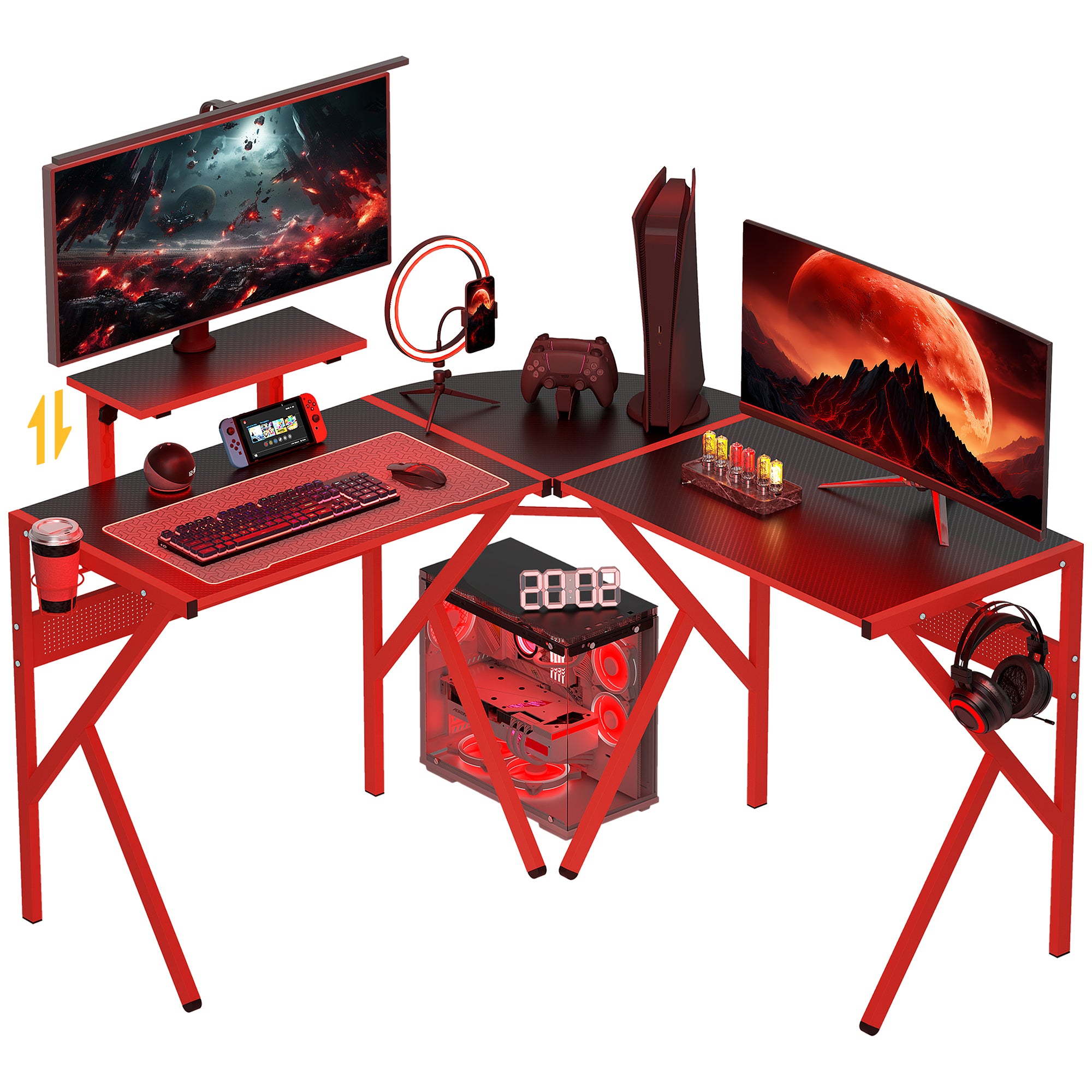 Gaming Desk Corner Gamer Desk 125 x 125 cm L-Shaped Desk with Carbon Fiber Desktop, Screen Stand Cup Holder and Headphone Hook, Red