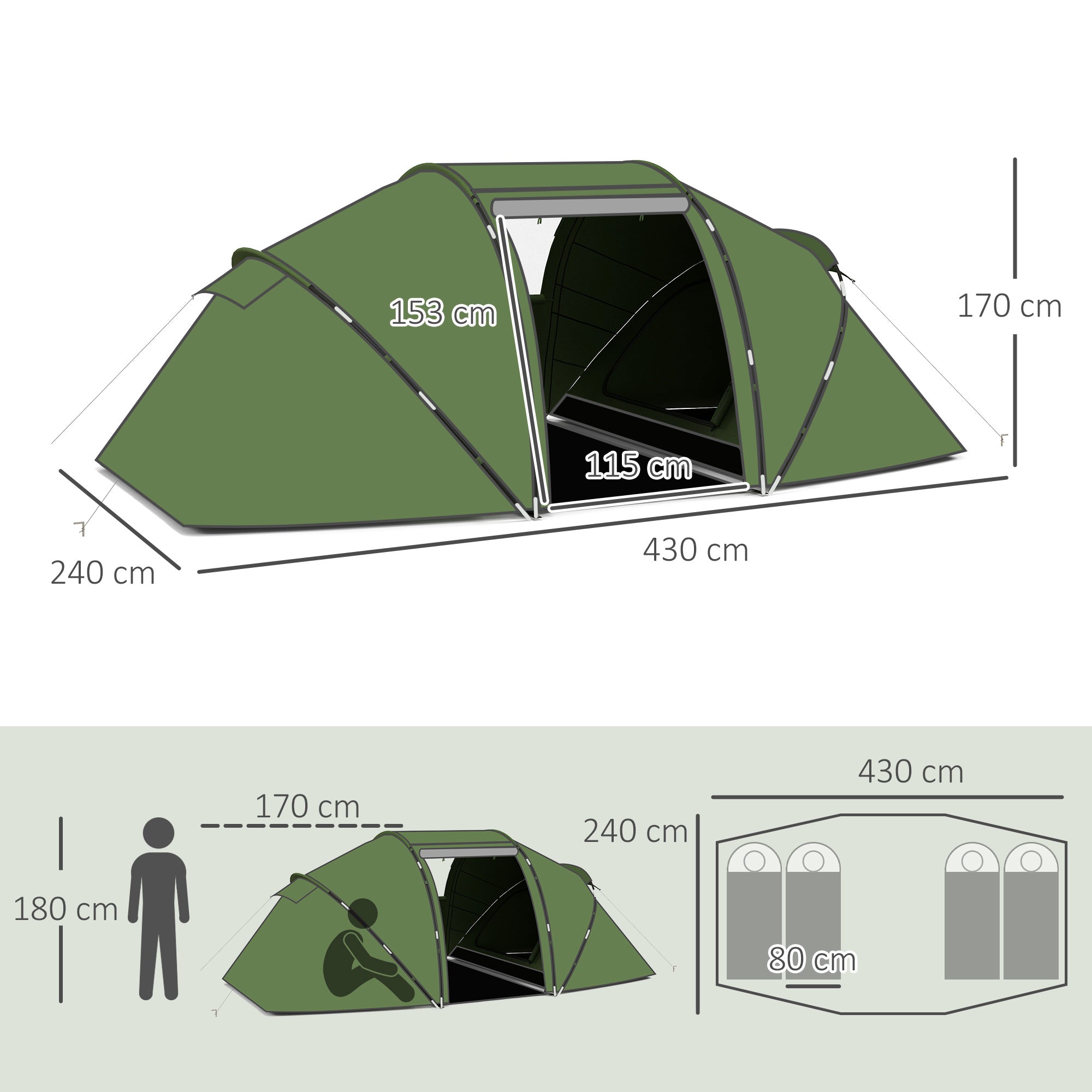 Family Tent for 4-6 People Camping Tent Foldable Lightweight with Waterproof Carry Bag for Beach Park Hiking 430x240x170 cm Green