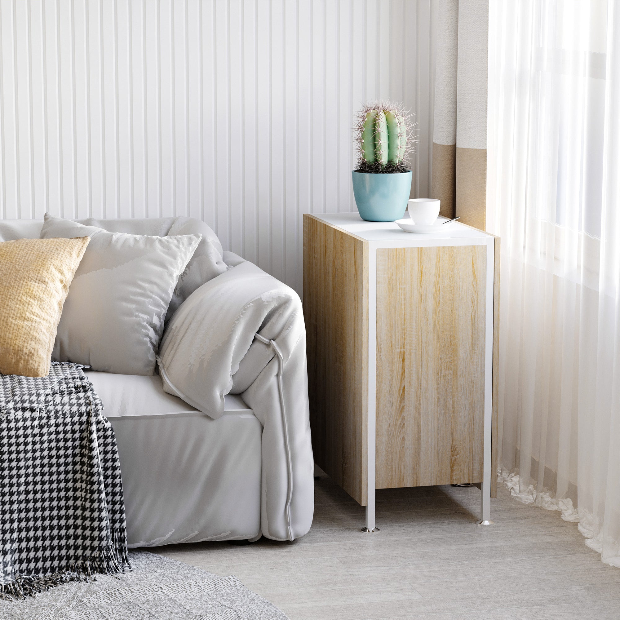 Folding Table Dining Table Side Tables Shelf for Living Room Kitchen Oak Wood Metal Frame Natural+White 169 x 60 x 75 cm