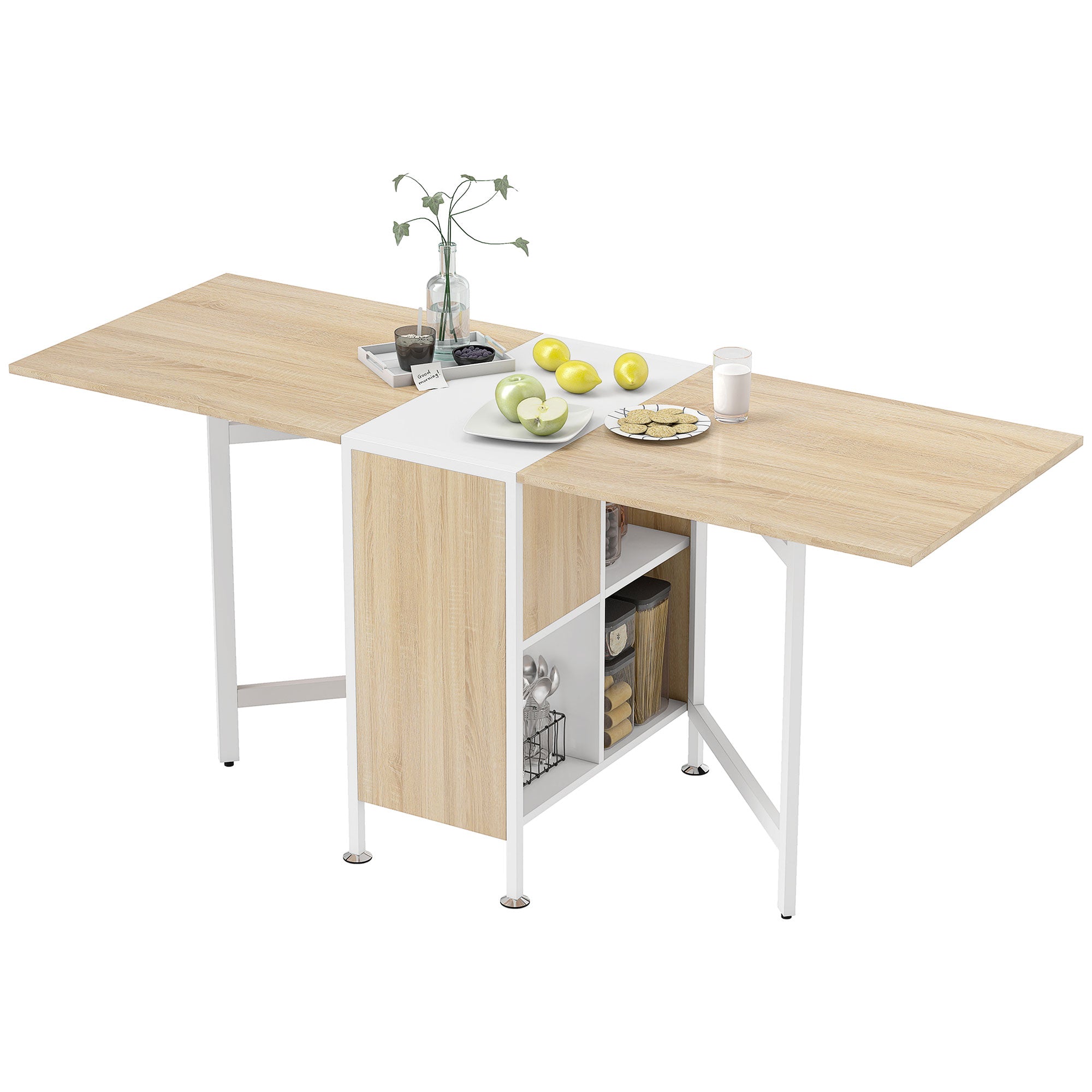 Folding Table Dining Table Side Tables Shelf for Living Room Kitchen Oak Wood Metal Frame Natural+White 169 x 60 x 75 cm