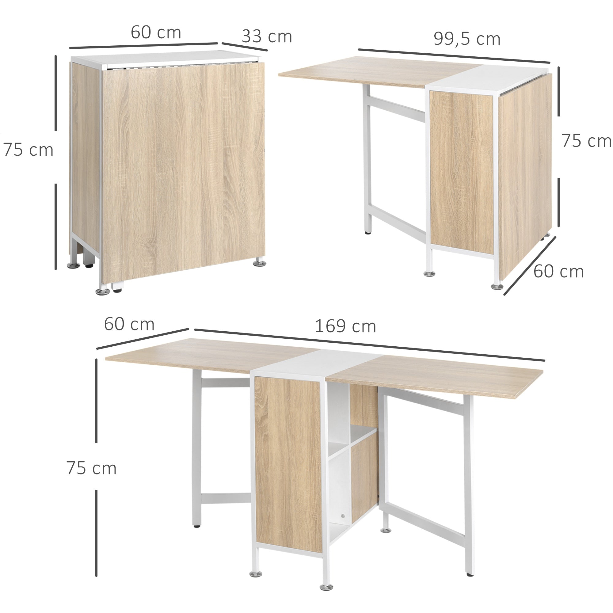 Folding Table Dining Table Side Tables Shelf for Living Room Kitchen Oak Wood Metal Frame Natural+White 169 x 60 x 75 cm