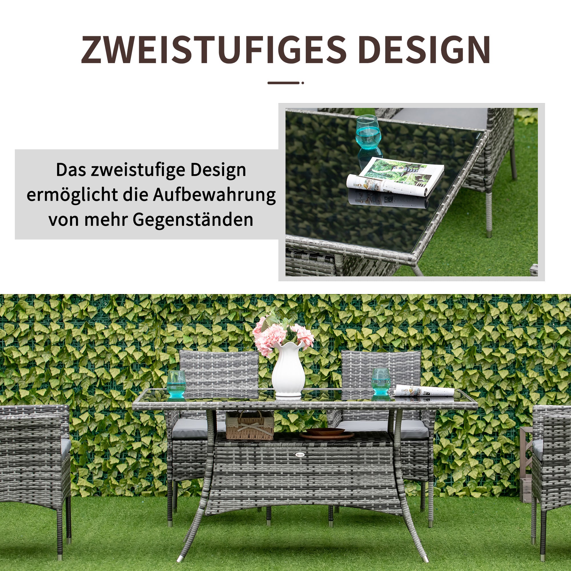 Garden Table Glass Dining Table Patio Furniture Table, Polyrattan+Safety Glass, Gray+Black, 150x85x74cm