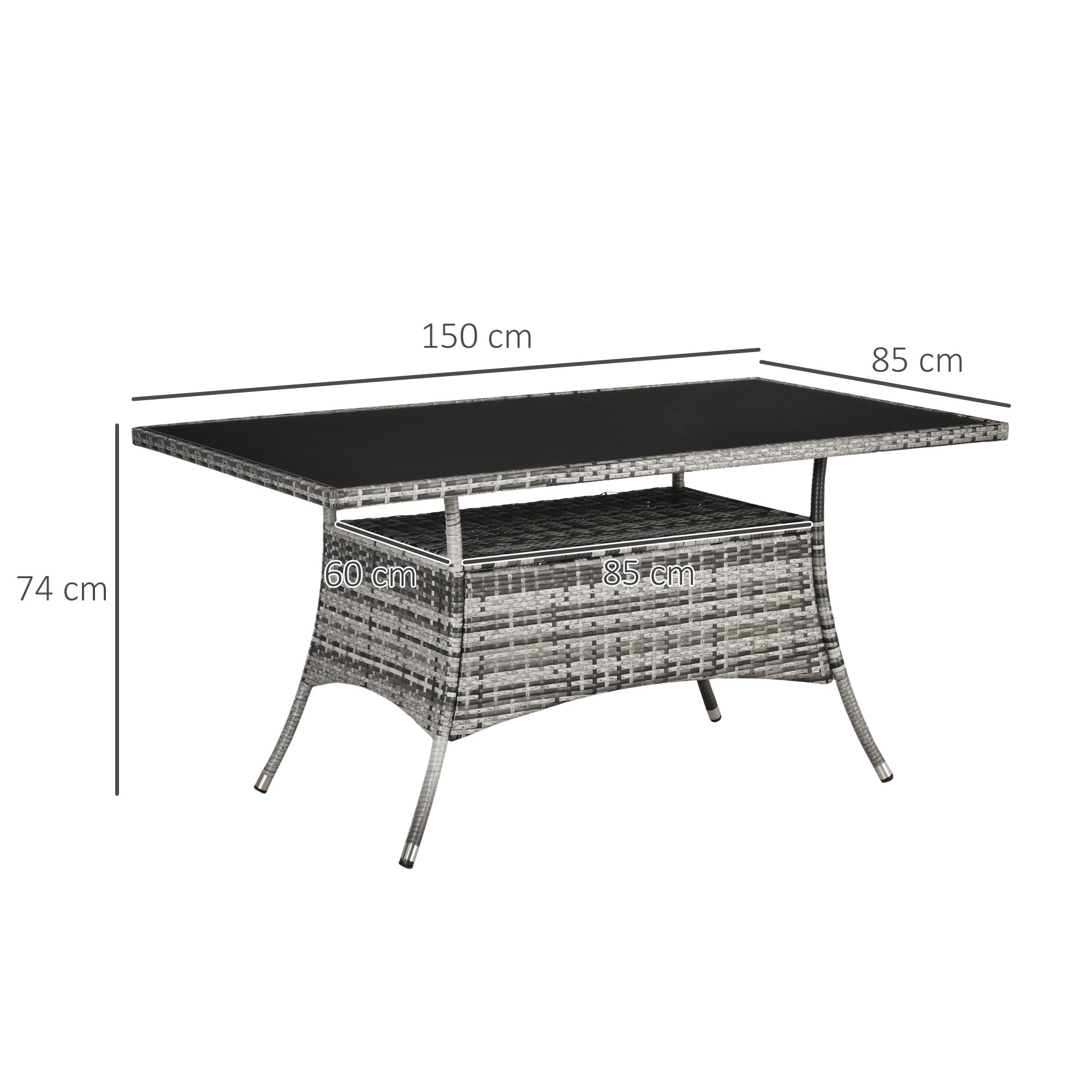 Garden Table Glass Dining Table Patio Furniture Table, Polyrattan+Safety Glass, Gray+Black, 150x85x74cm