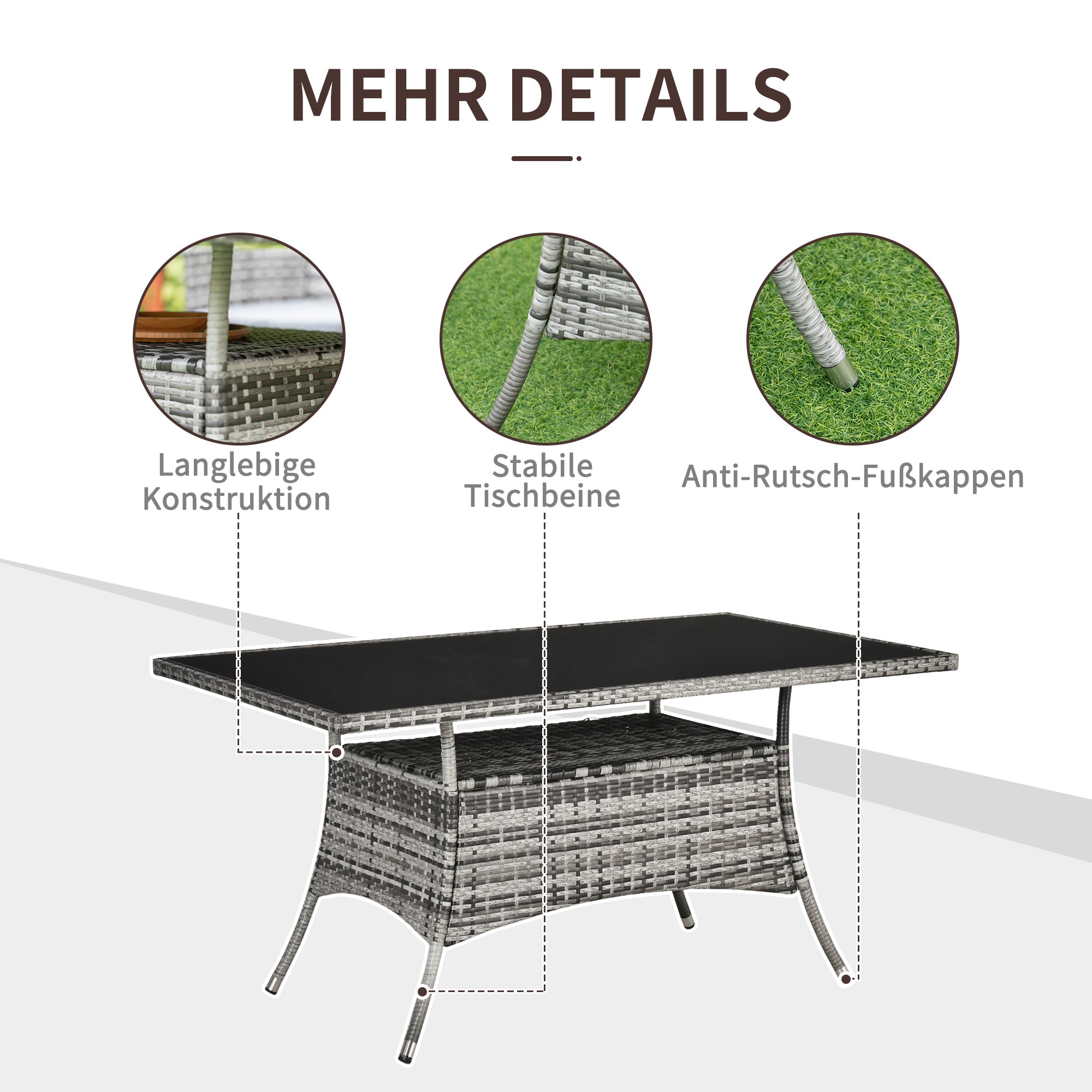 Garden Table Glass Dining Table Patio Furniture Table, Polyrattan+Safety Glass, Gray+Black, 150x85x74cm