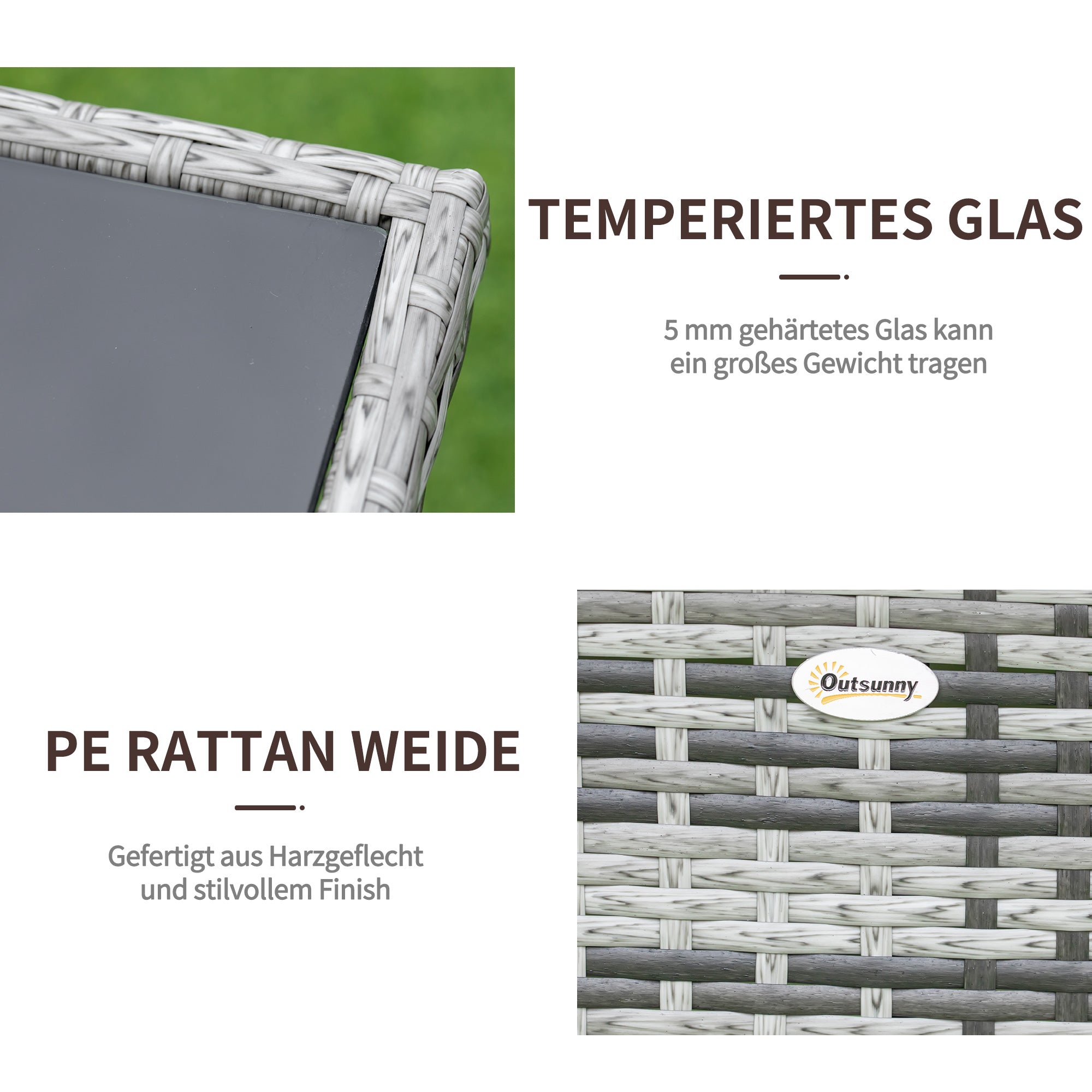 Garden Table Glass Dining Table Patio Furniture Table, Polyrattan+Safety Glass, Gray+Black, 150x85x74cm