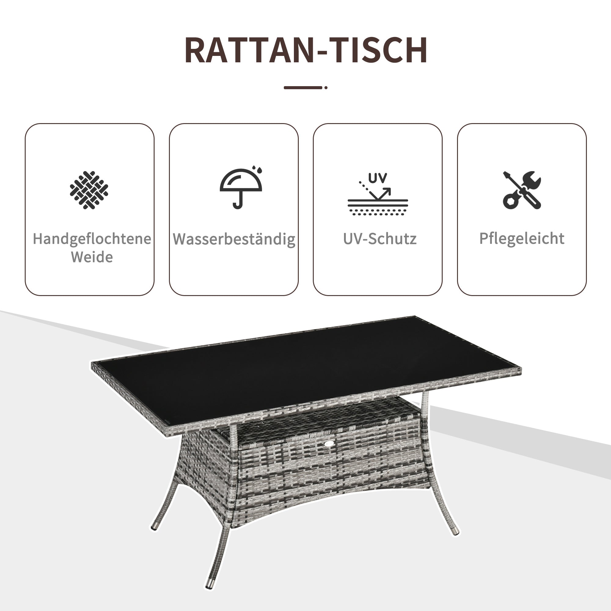 Garden Table Glass Dining Table Patio Furniture Table, Polyrattan+Safety Glass, Gray+Black, 150x85x74cm