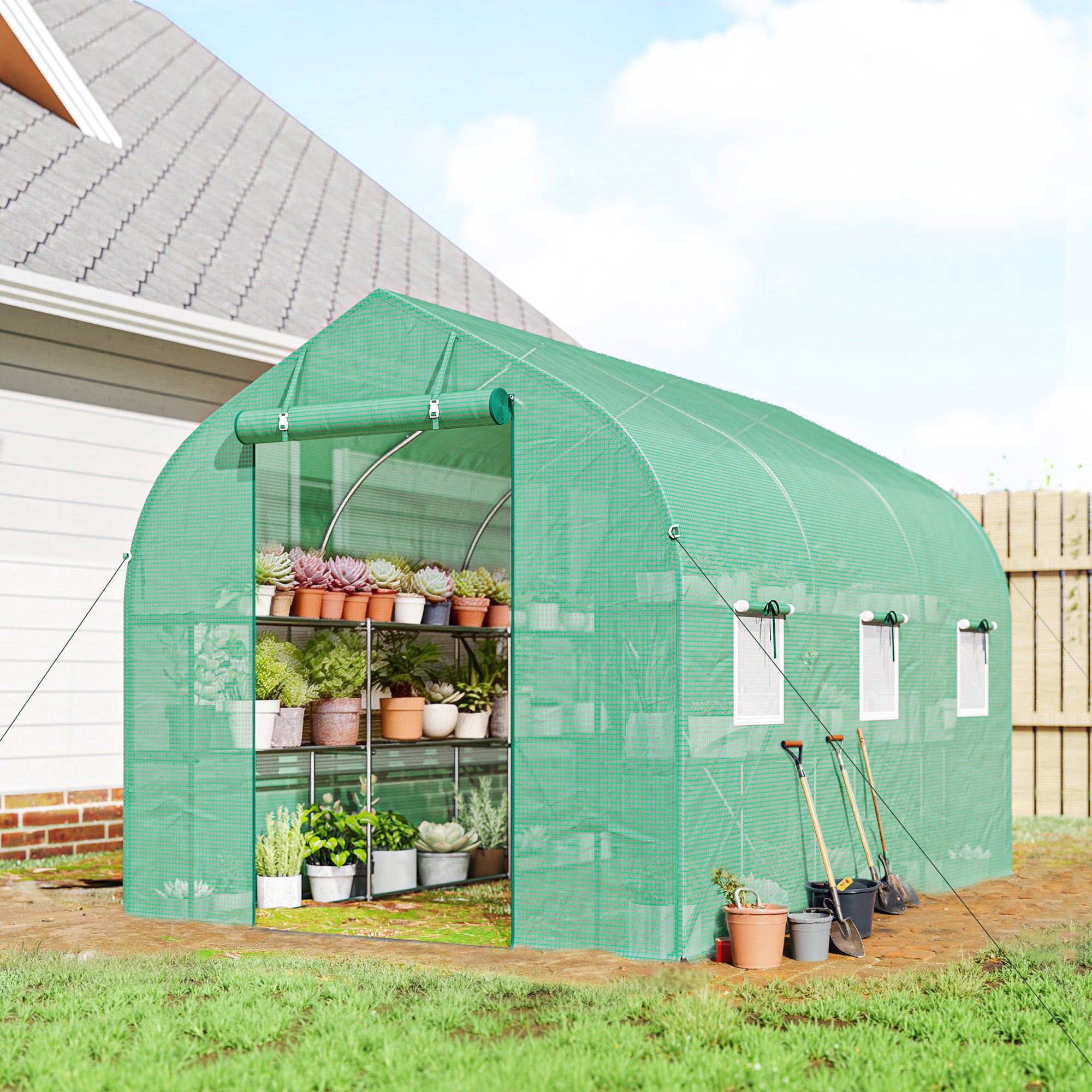 6 m² Tunnel Greenhouse with Shelves, 198 x 293 x 194 cm (78 x 115 x 76 in) — Galvanized Frame, Roll-Up Door, 6 Mesh Windows, 140 g/m² PE Cover — Green
