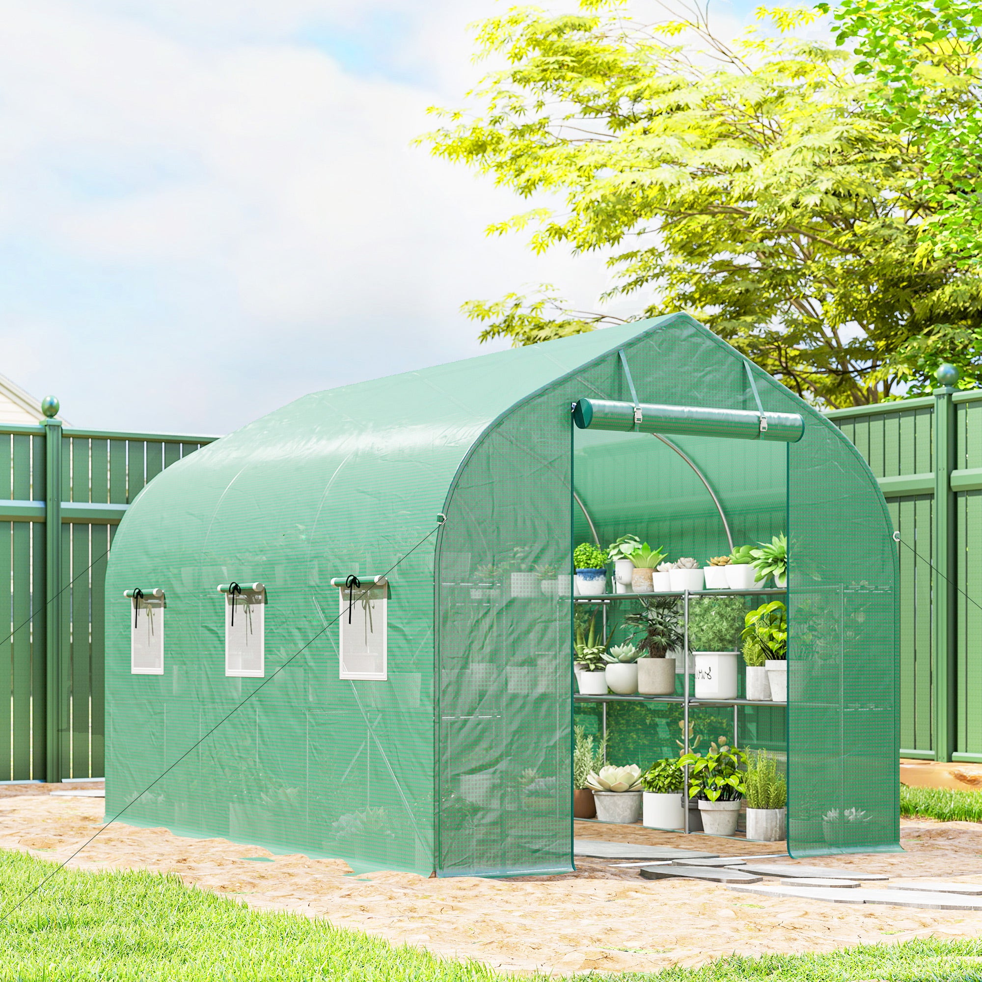 6 m² Tunnel Greenhouse with Shelves, 198 x 293 x 194 cm (78 x 115 x 76 in) — Galvanized Frame, Roll-Up Door, 6 Mesh Windows, 140 g/m² PE Cover — Green