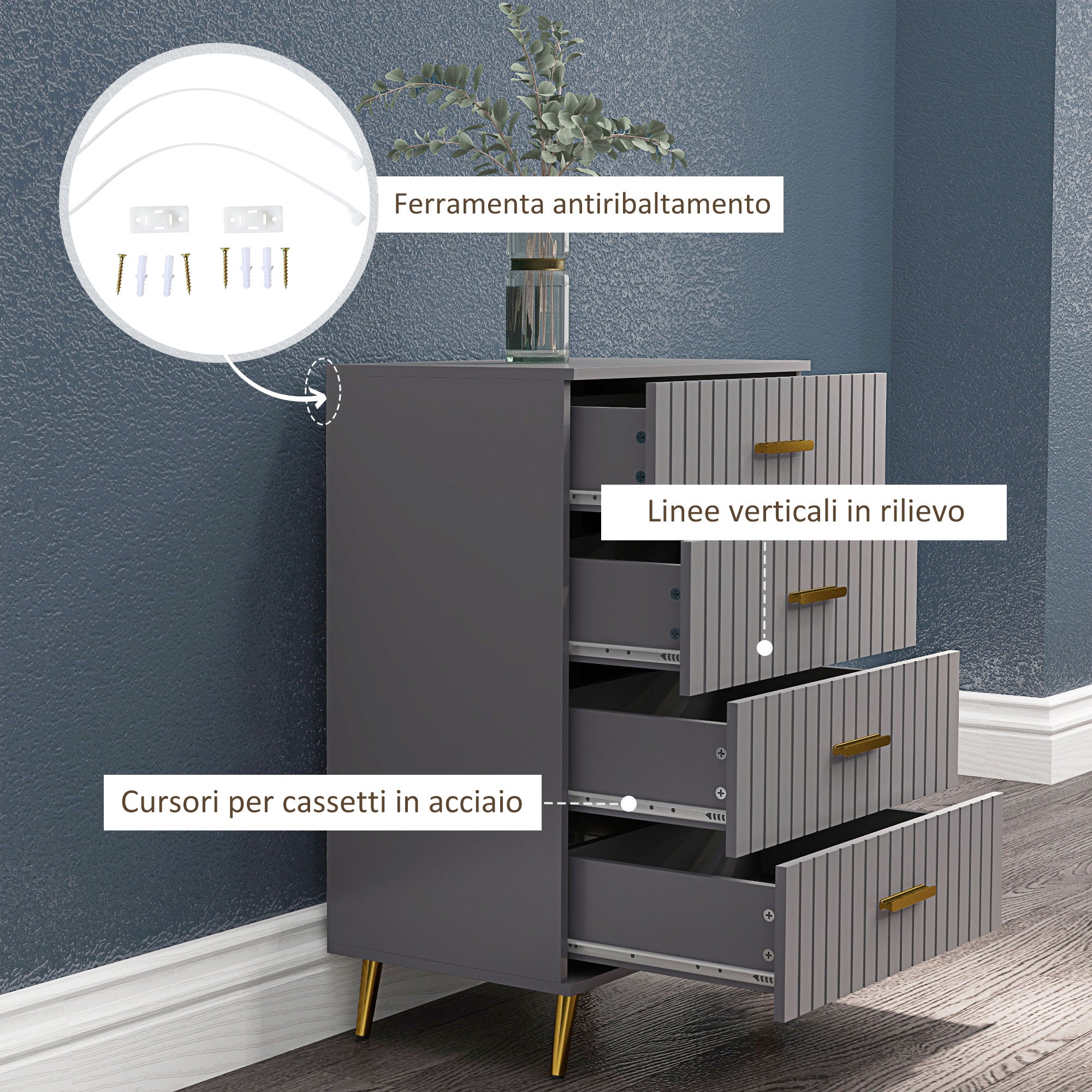 Modern and Anti-Tip 4-Drawer Chest of Drawers, Wood and Aluminum Chest of Drawers, 60x40x90 cm, Gold and Dark Gray