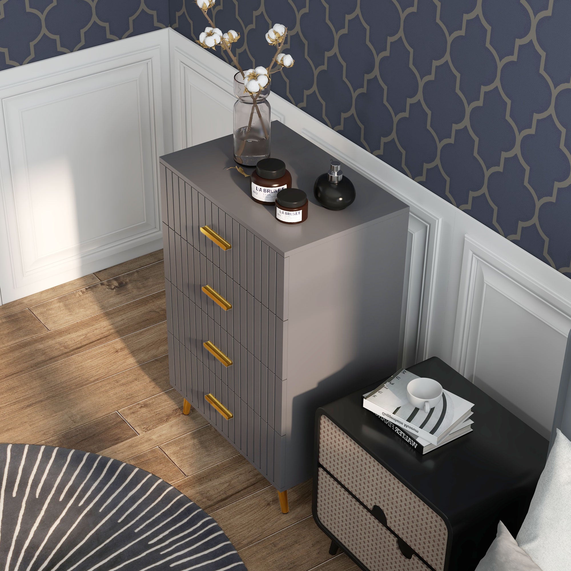 Modern and Anti-Tip 4-Drawer Chest of Drawers, Wood and Aluminum Chest of Drawers, 60x40x90 cm, Gold and Dark Gray