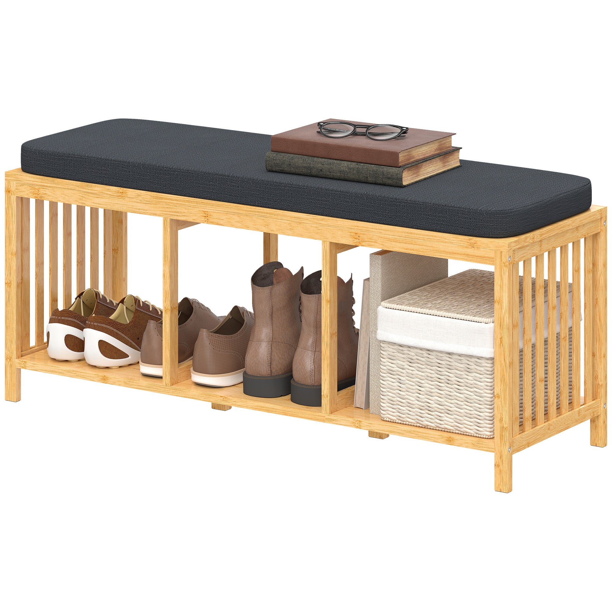 Bamboo Shoe Bench with Padded Seat and Open Shelf for Hallway & Entryway, 40.2 x 13.0 x 17.7 in, Natural Wood