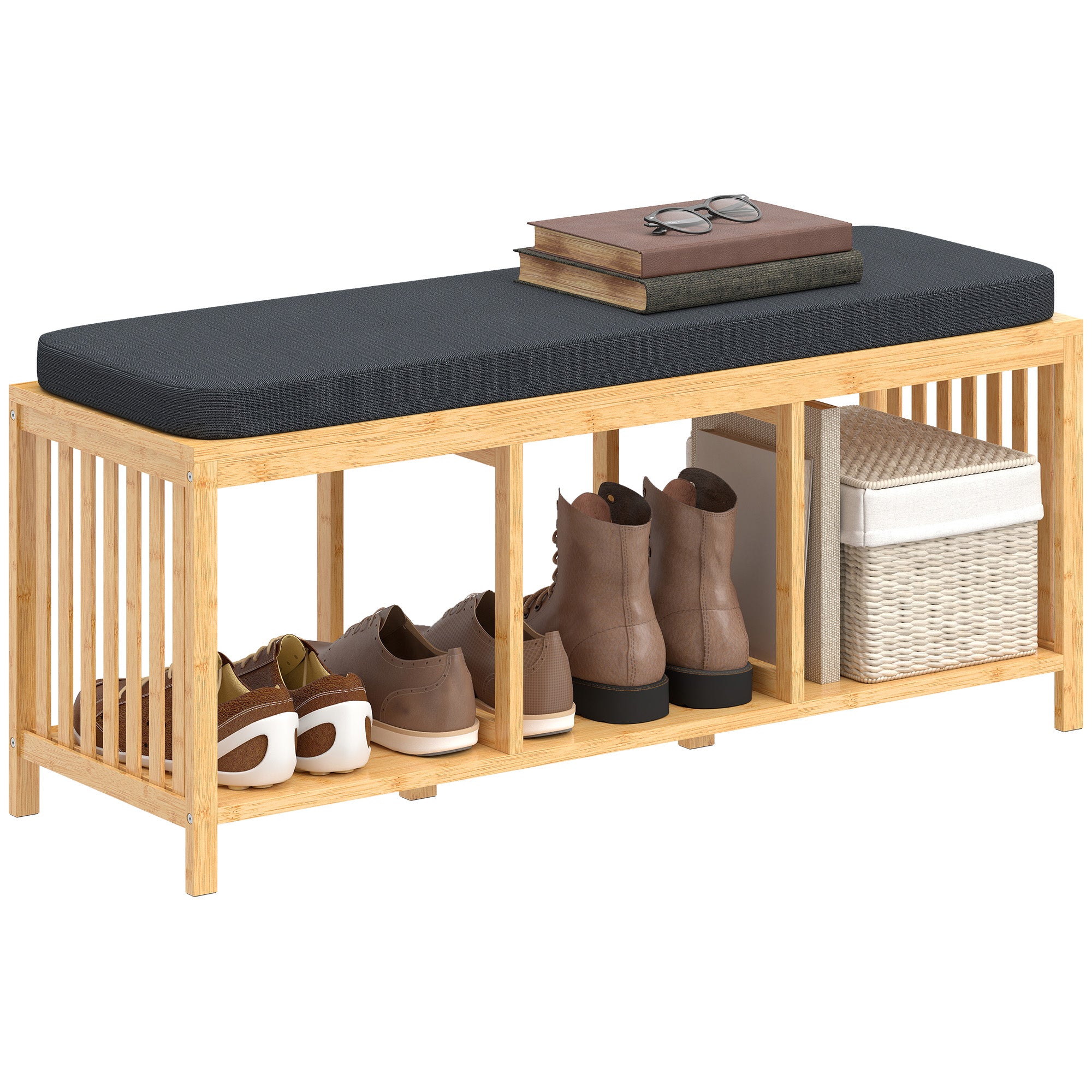 Bamboo Shoe Bench with Padded Seat and Open Shelf for Hallway & Entryway, 40.2 x 13.0 x 17.7 in, Natural Wood