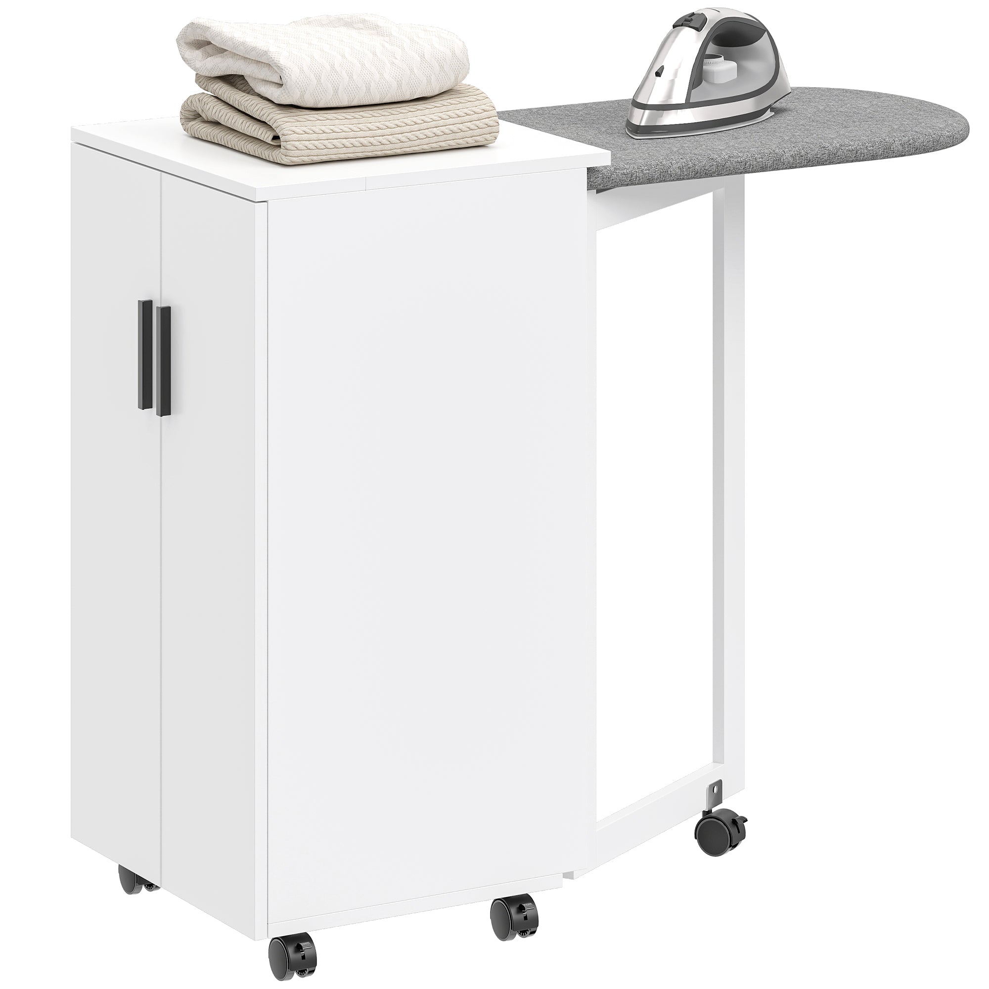 Foldable Ironing Board Cabinet with 2 Doors & Adjustable Shelves — Fold-Down Ironing Station with Storage, Soft-Close Hinges, Wheels, White (39.2 x 16.9 x 32.7 in)