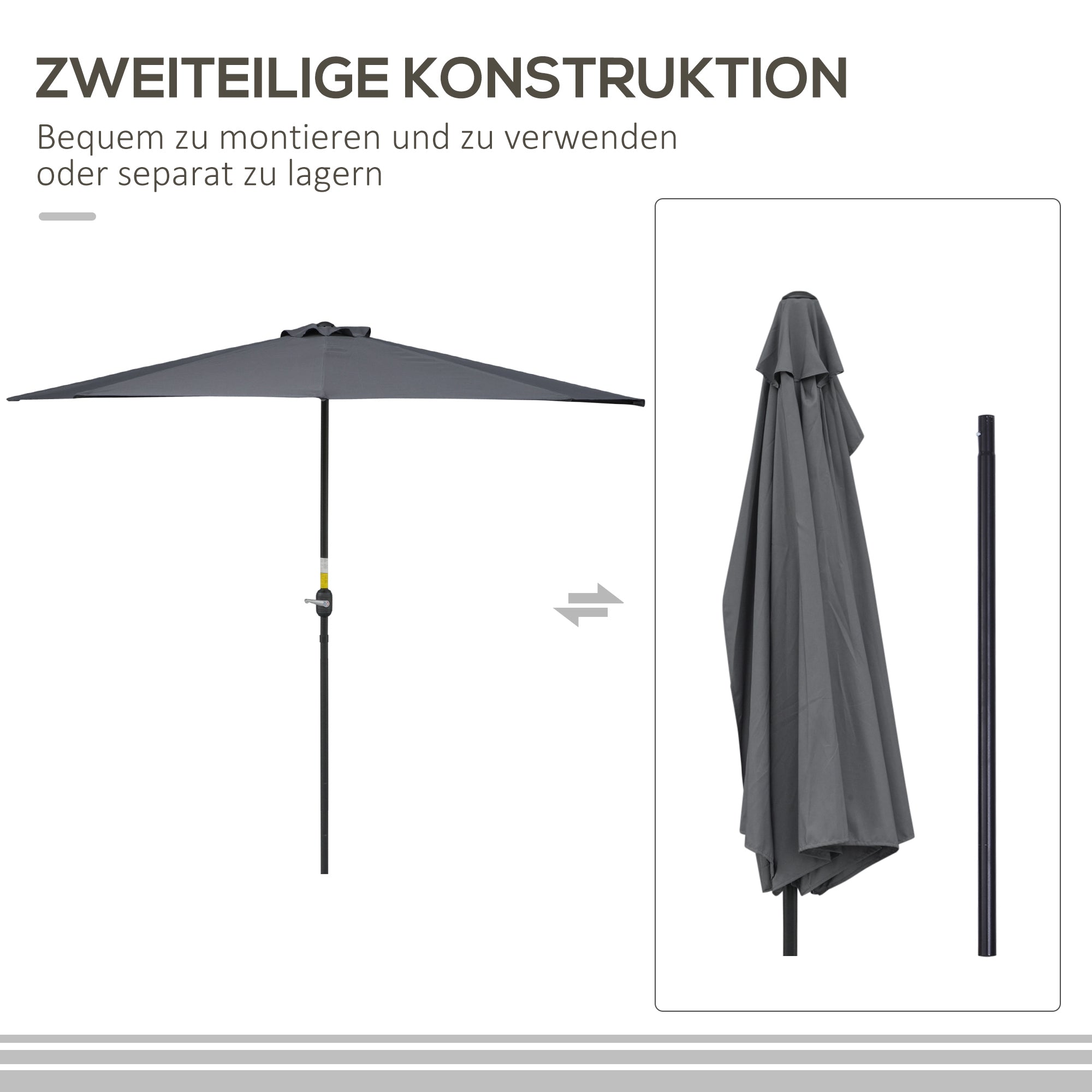 Crank Parasol Garden Umbrella Canopy Market Umbrella, Metal, half-round, Gray+Black