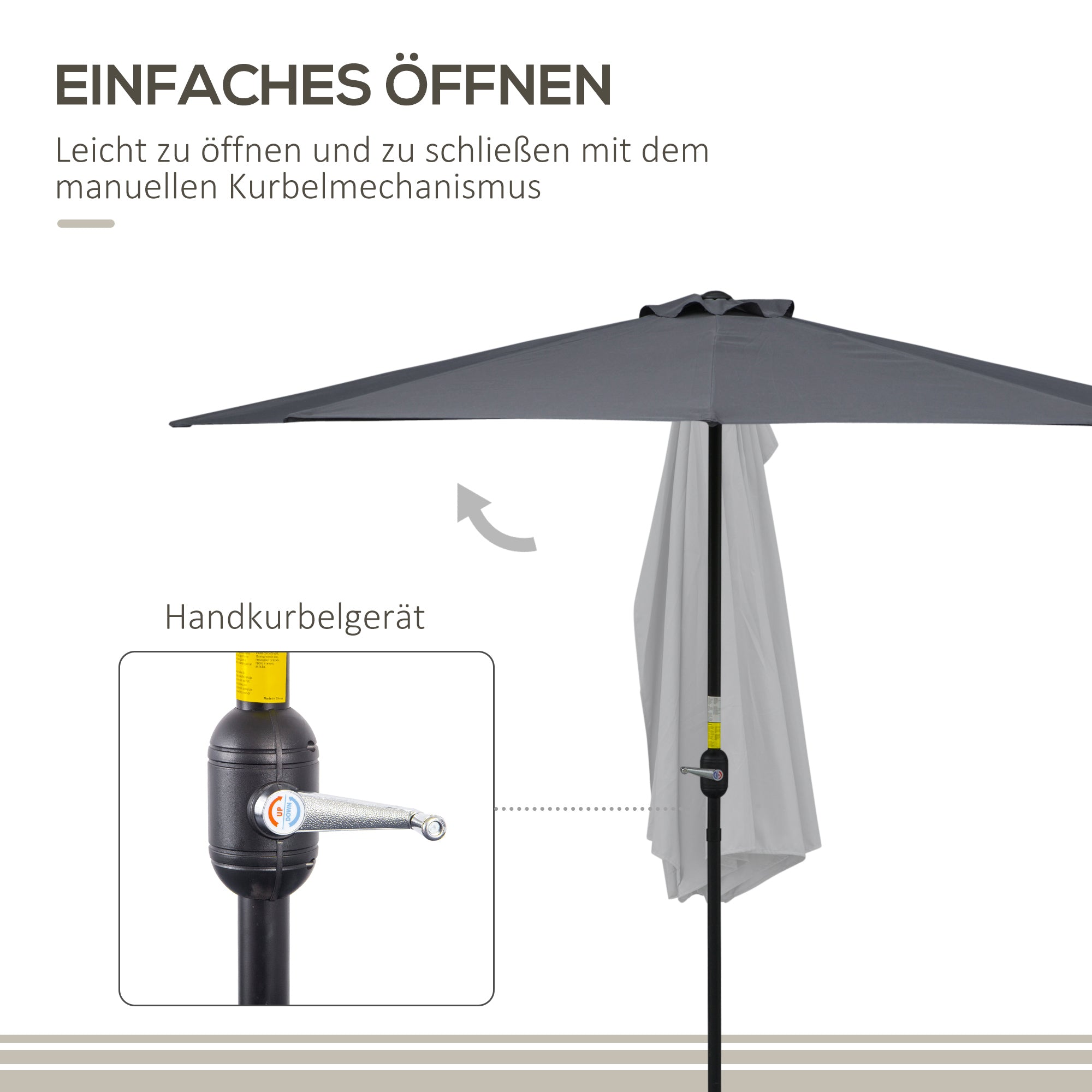 Crank Parasol Garden Umbrella Canopy Market Umbrella, Metal, half-round, Gray+Black