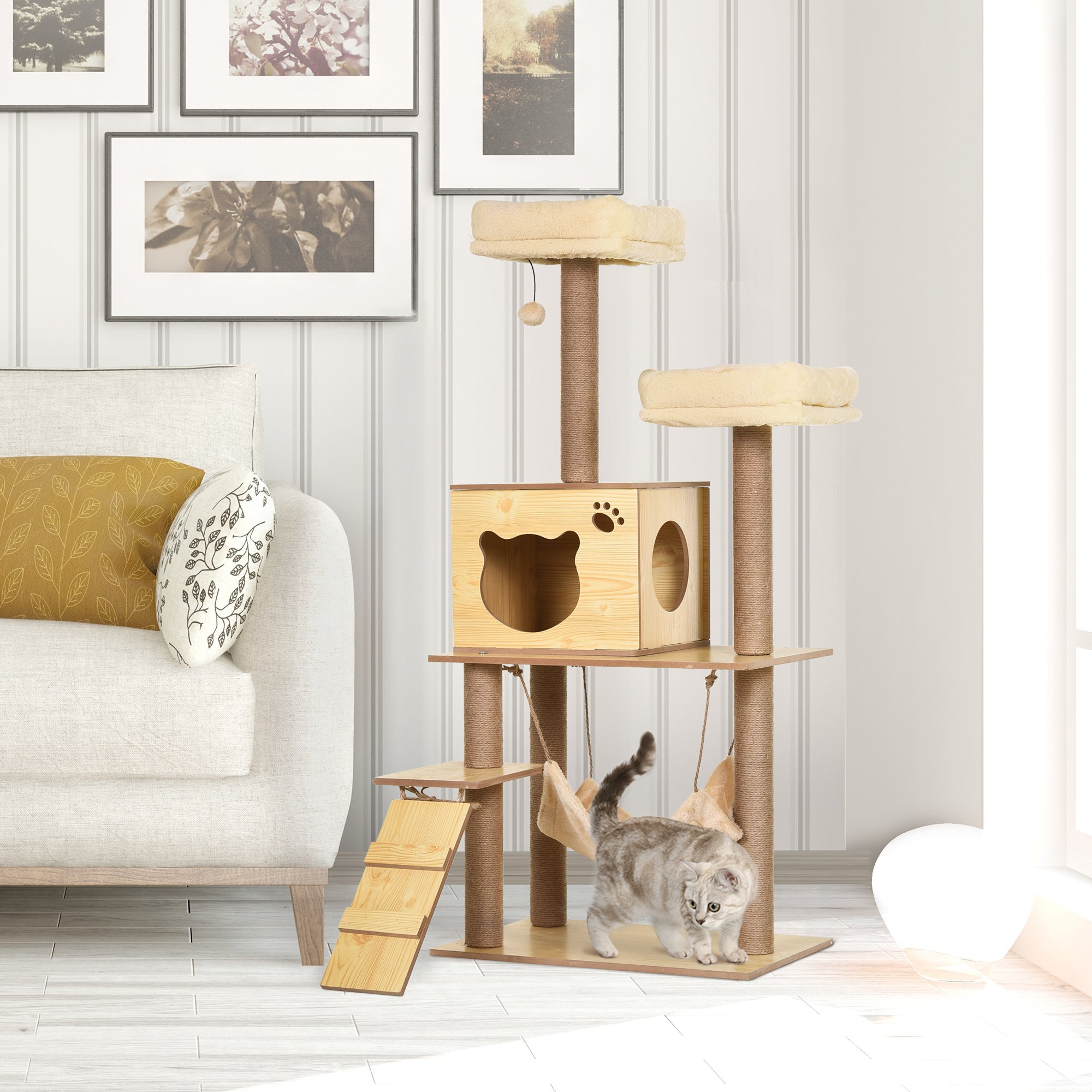 Cat Scratching Tree Height 130 cm Cat Tower with Sisal Scratching Posts 2 Beds Hammock Cave Hanging Ball and Ramp 60x40x130 cm Natural