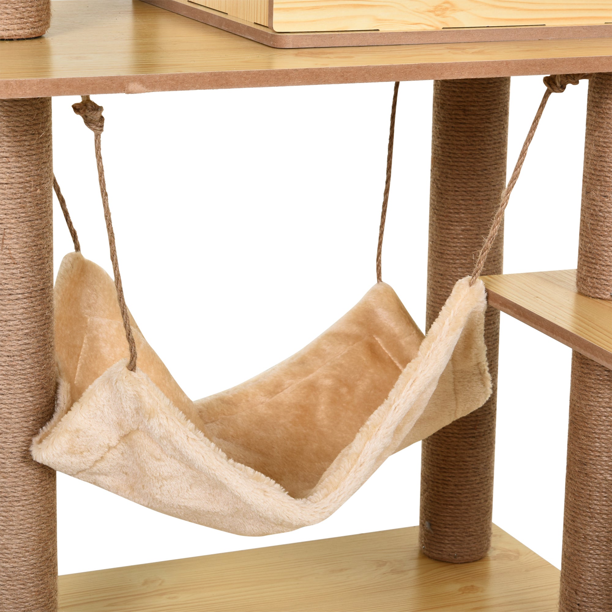 Cat Scratching Tree Height 130 cm Cat Tower with Sisal Scratching Posts 2 Beds Hammock Cave Hanging Ball and Ramp 60x40x130 cm Natural