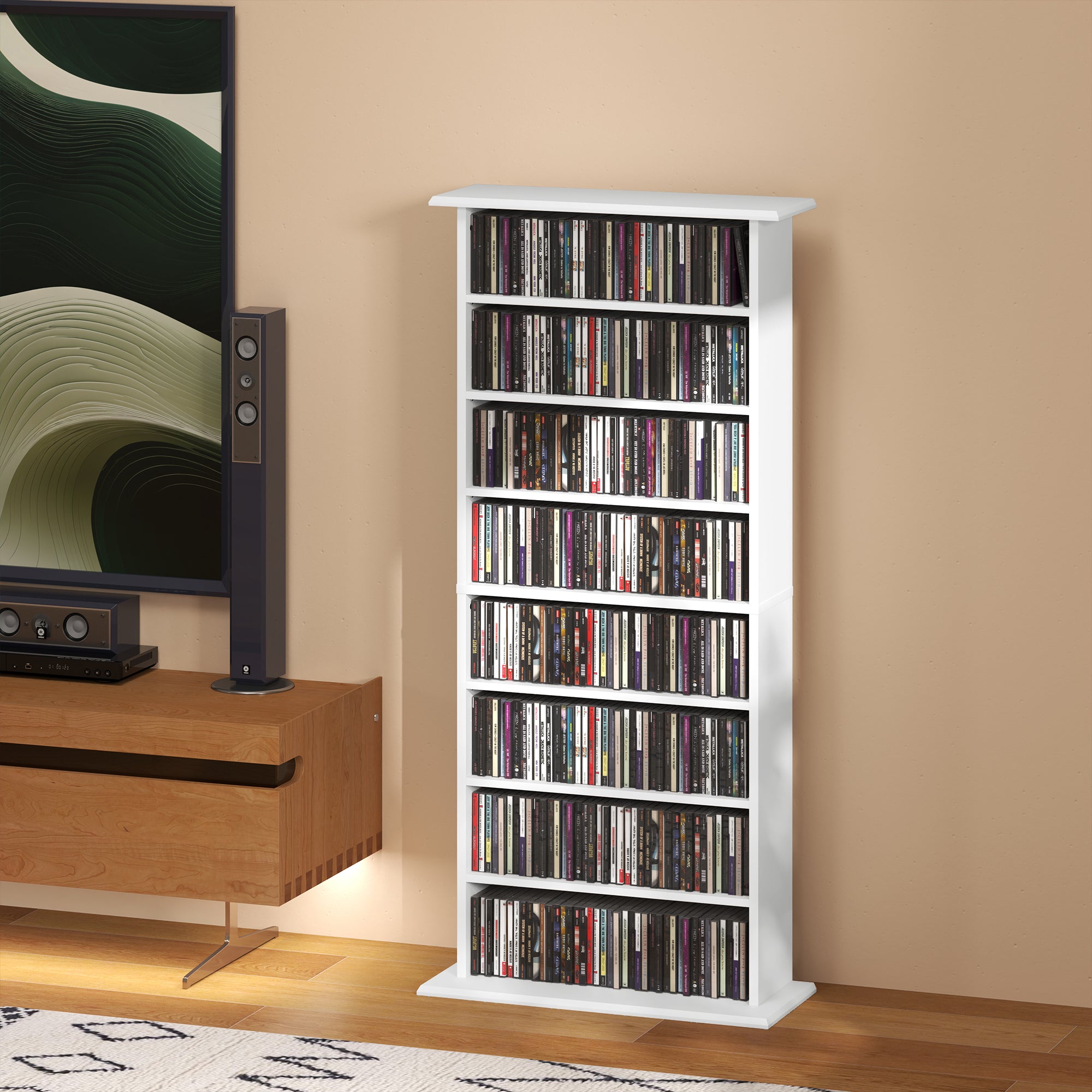 CD and DVD Storage, multimedia storage unit with 8 compartments and 6 adjustable shelves, max capacity 360 CDs/185 DVDs and Blu-rays, 58 x 24 x 124.5 cm, white