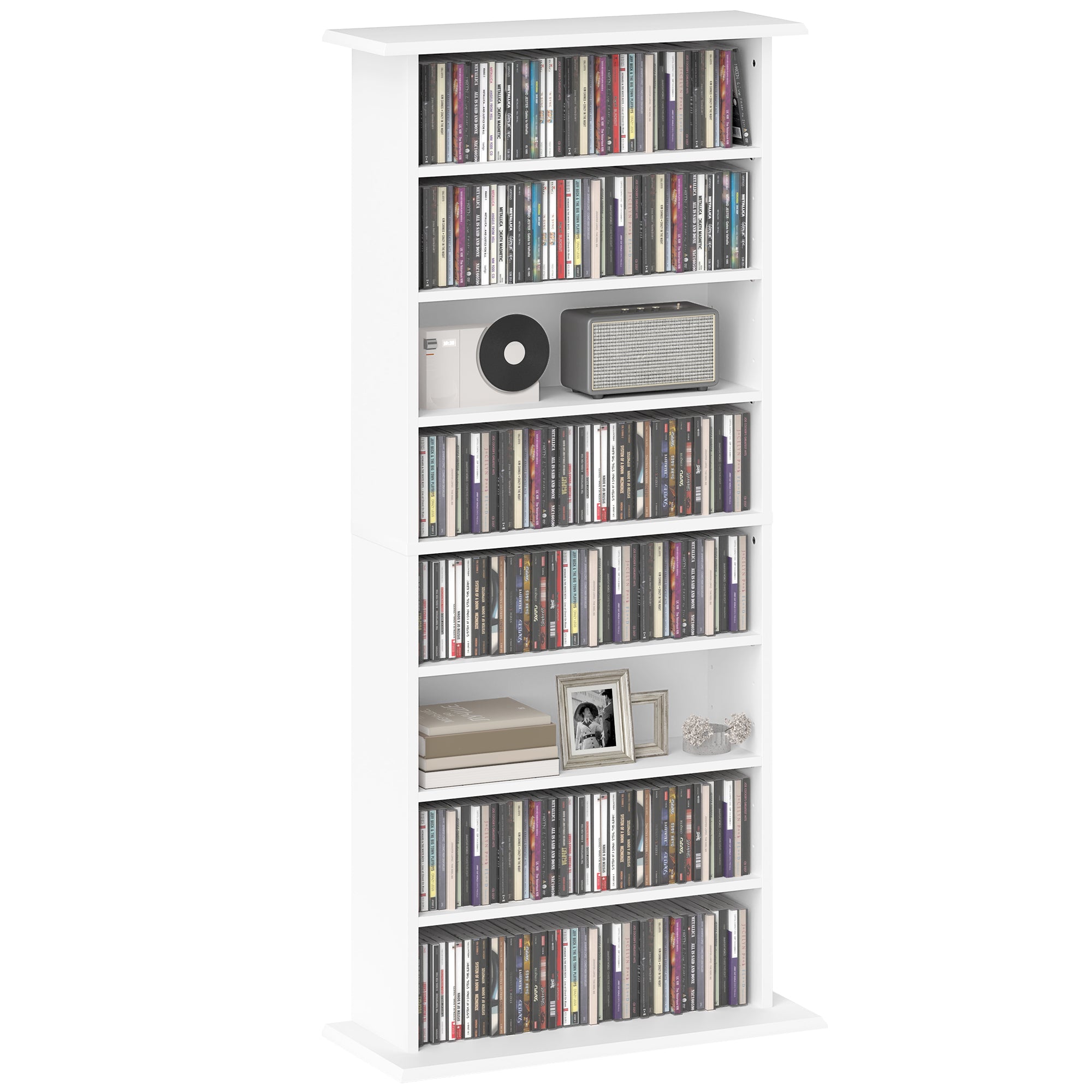 CD and DVD Storage, multimedia storage unit with 8 compartments and 6 adjustable shelves, max capacity 360 CDs/185 DVDs and Blu-rays, 58 x 24 x 124.5 cm, white