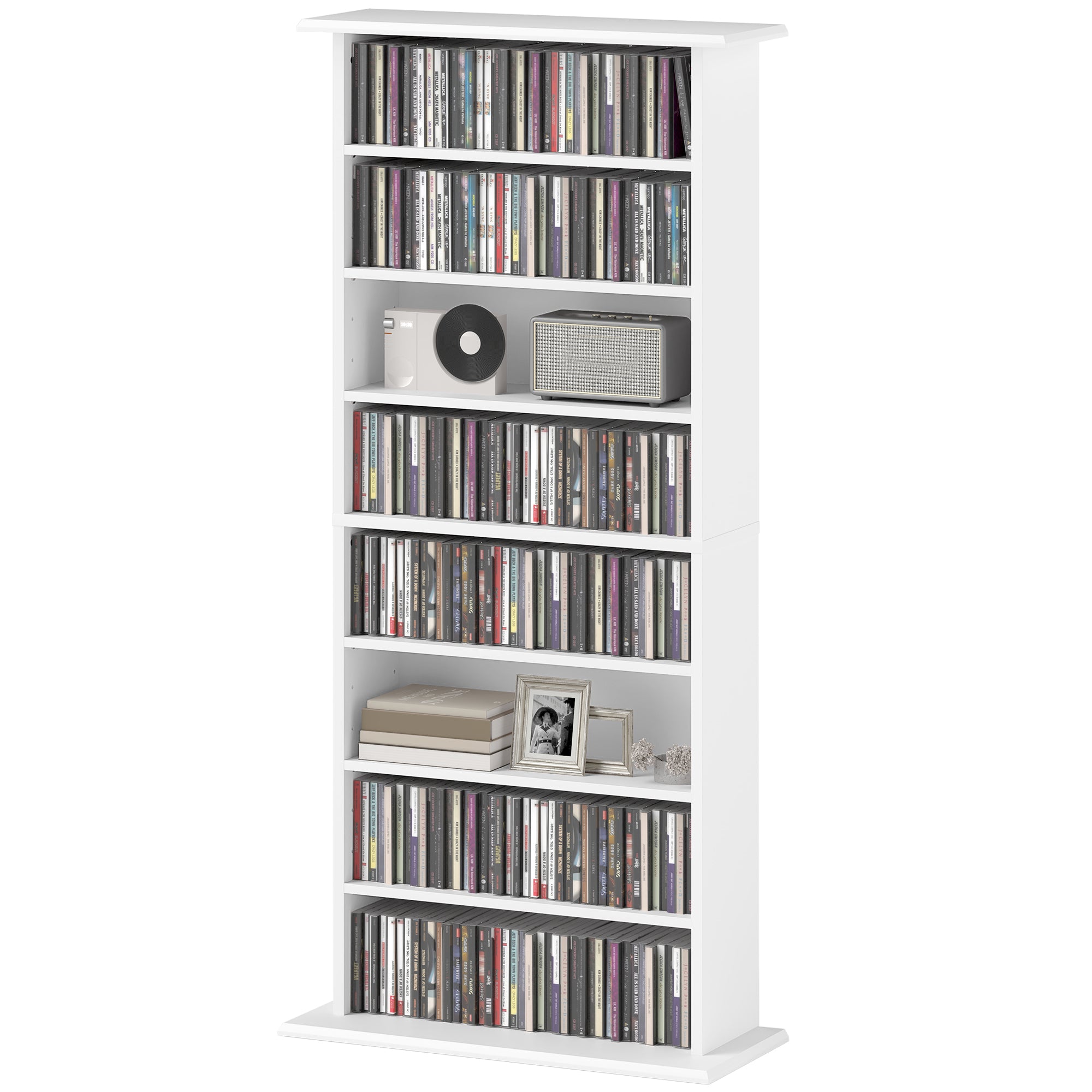CD and DVD Storage, multimedia storage unit with 8 compartments and 6 adjustable shelves, max capacity 360 CDs/185 DVDs and Blu-rays, 58 x 24 x 124.5 cm, white