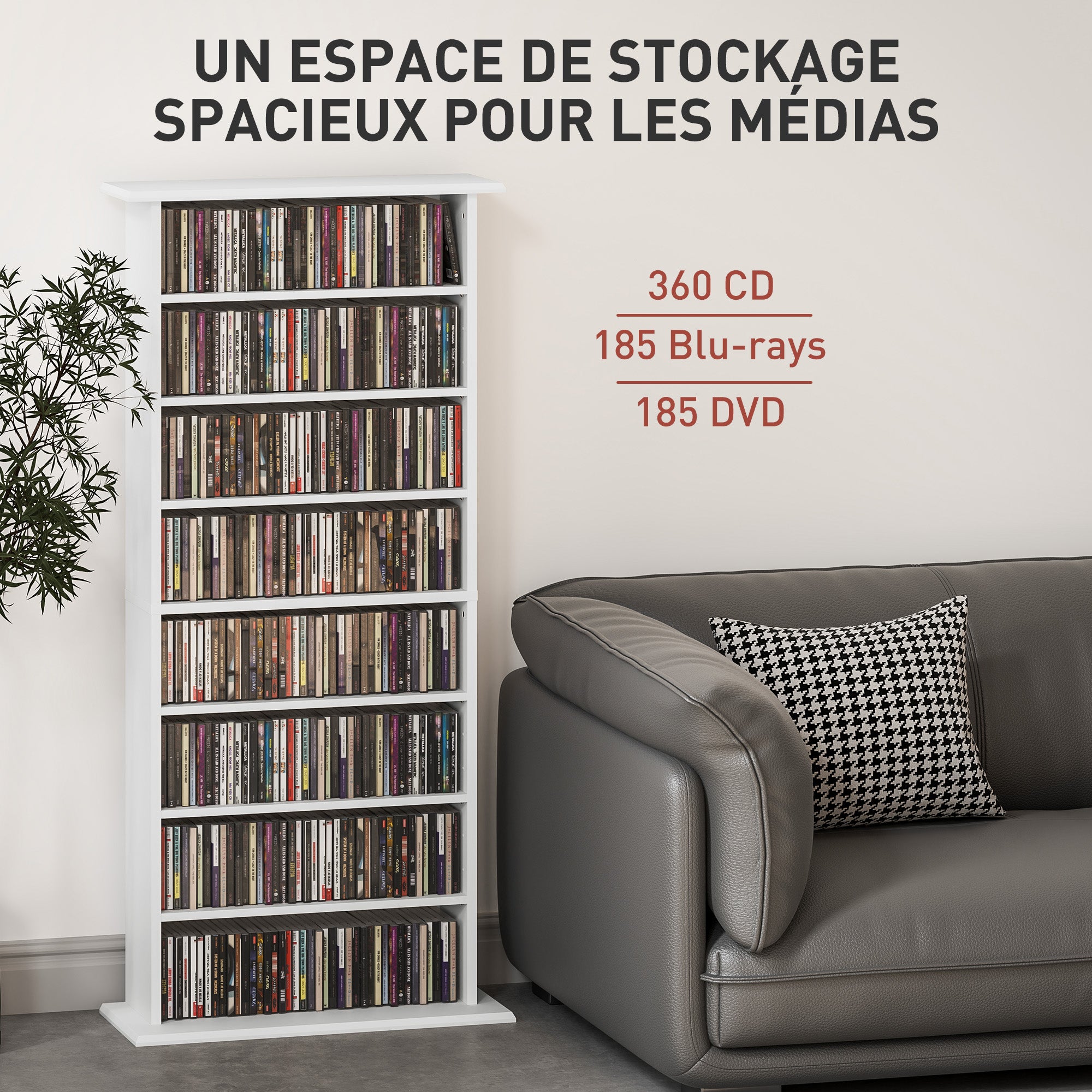 CD and DVD Storage, multimedia storage unit with 8 compartments and 6 adjustable shelves, max capacity 360 CDs/185 DVDs and Blu-rays, 58 x 24 x 124.5 cm, white