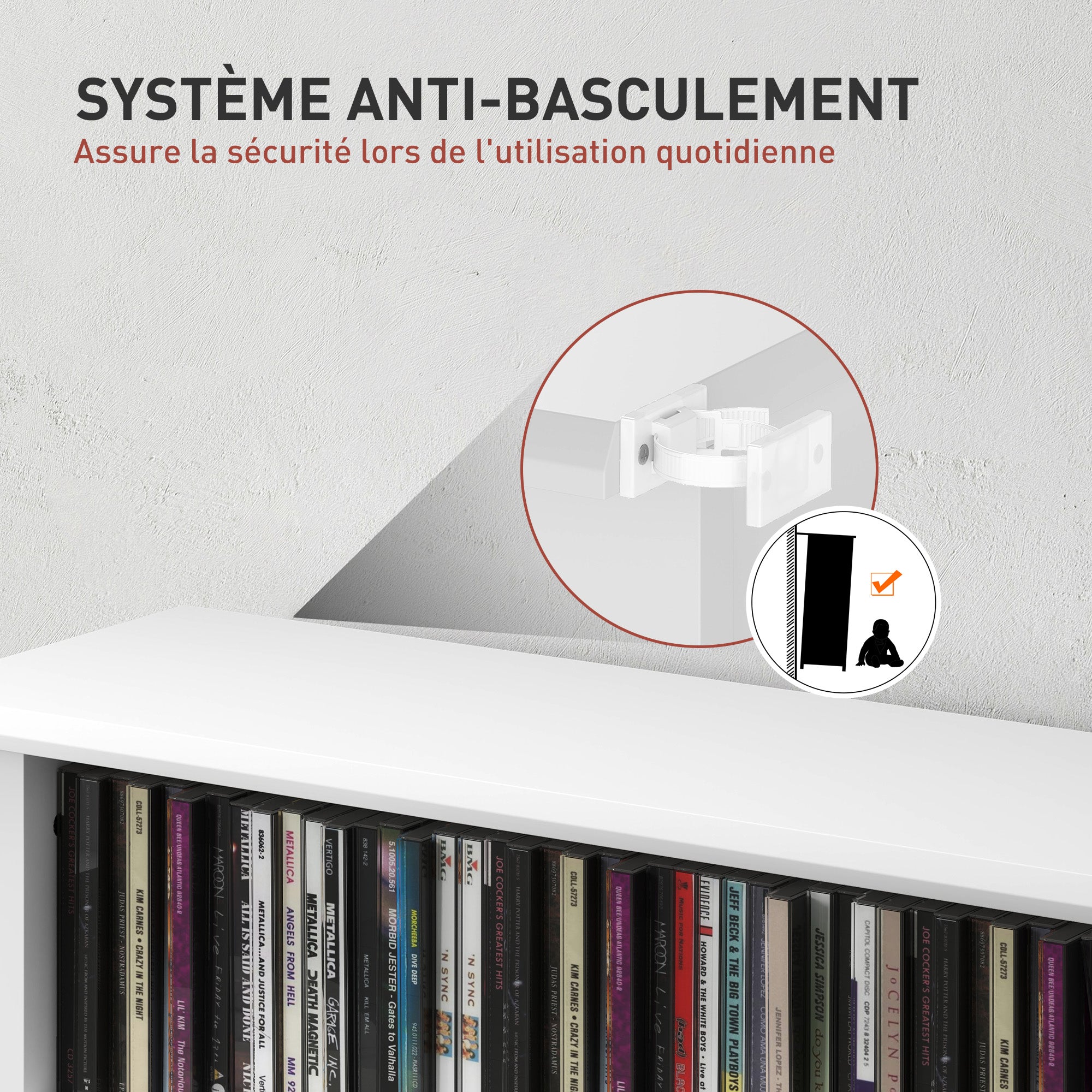 CD and DVD Storage, multimedia storage unit with 8 compartments and 6 adjustable shelves, max capacity 360 CDs/185 DVDs and Blu-rays, 58 x 24 x 124.5 cm, white