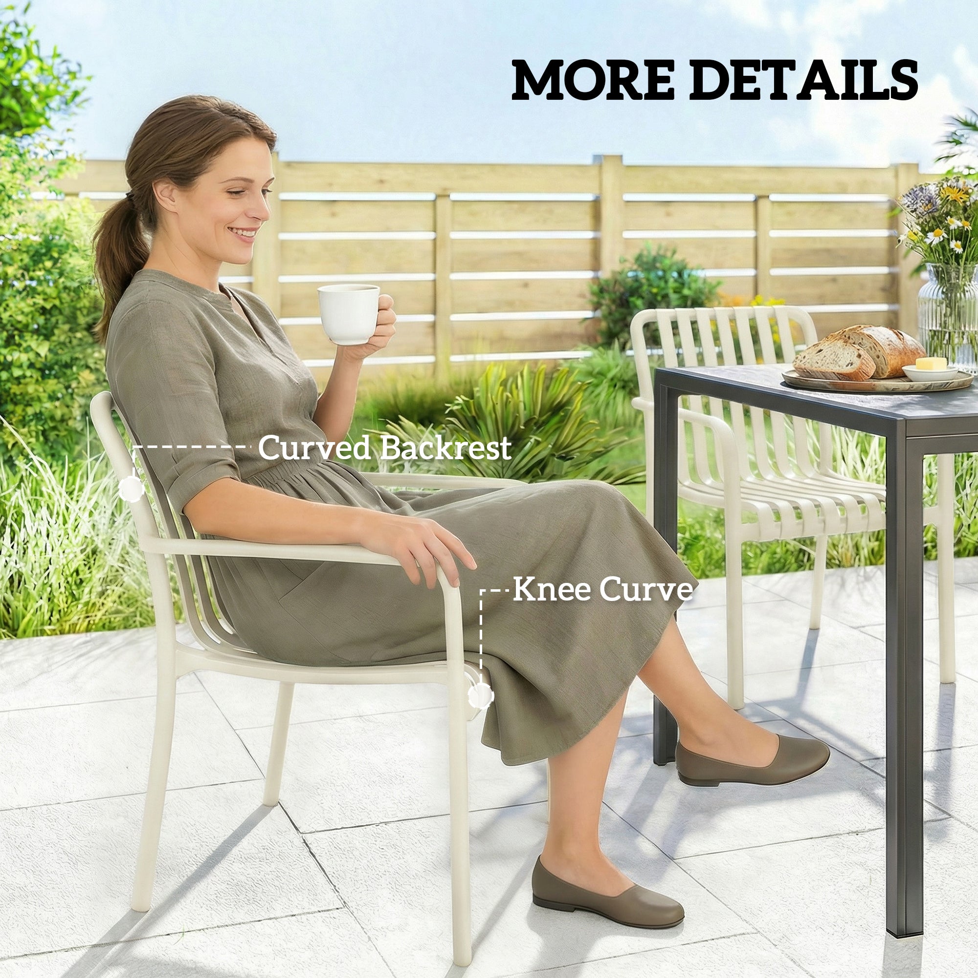 4-Pack Stackable Patio Chairs with Slatted Design & Armrests — Cream White, Ergonomic, 265 lb Capacity