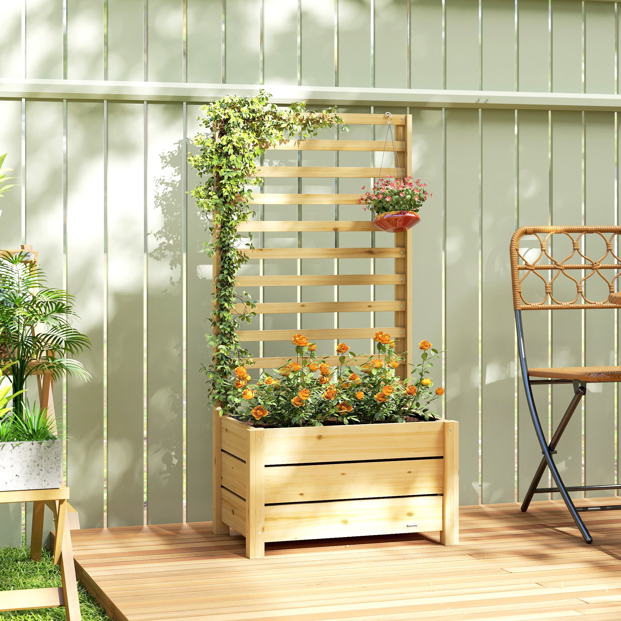 Raised Planter with Trellis — Natural Spruce Wood, Drainage Hole, Non-Woven Liner, 60 x 39 x 120 cm (23.6 x 15.4 x 47.2 in)