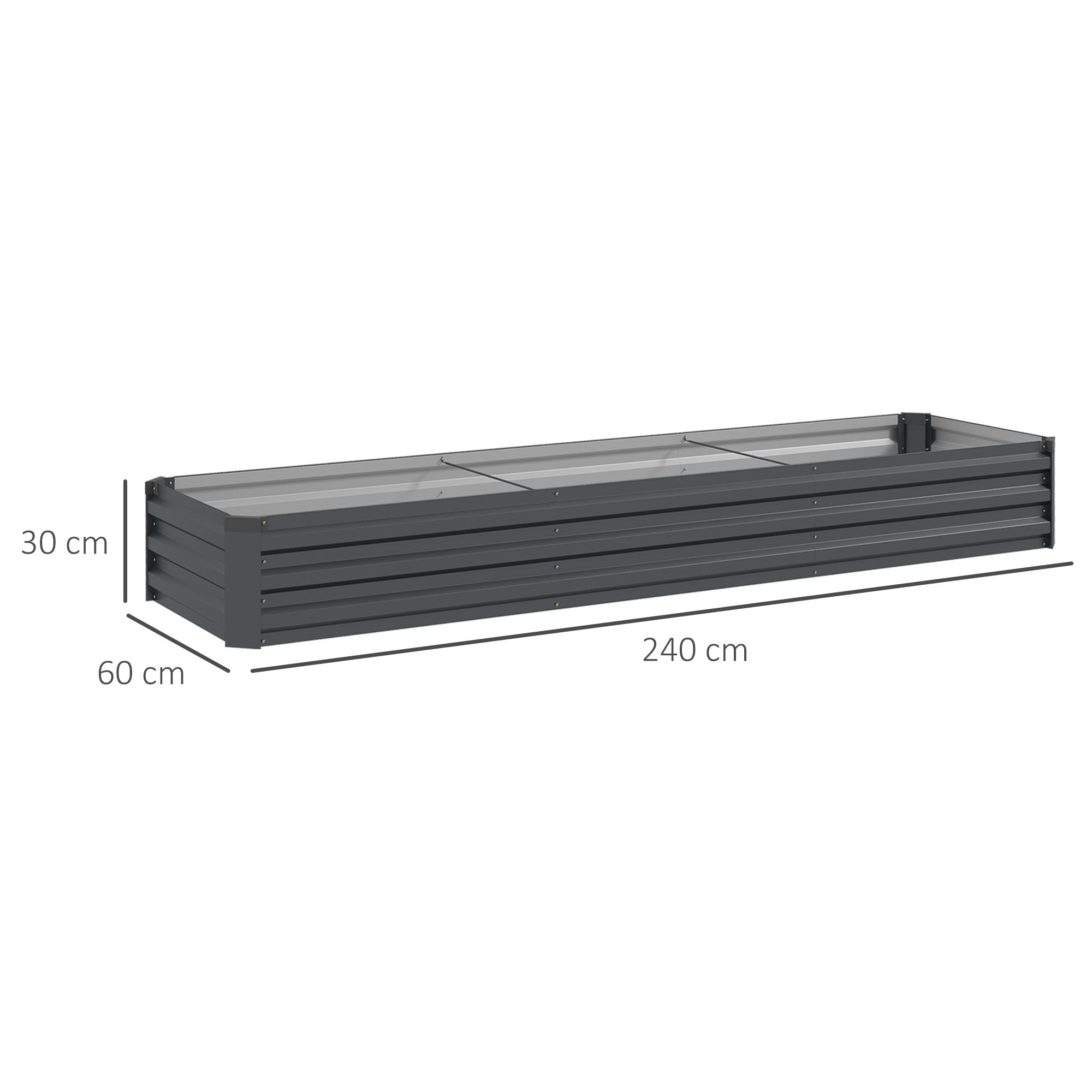 Rectangular raised garden bed, galvanized steel planter, open bottom, planter with protective corners, 240 x 60 x 30 cm, dark gray